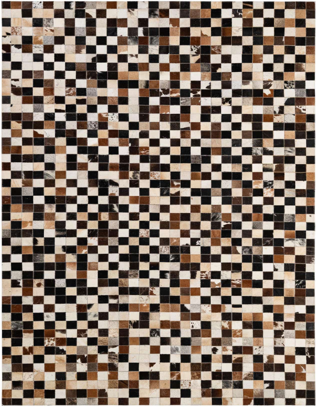 A 5x8 rectangular Cowhide Patchwork rug with a modern checkerboard pattern in black, white, and various shades of brown.