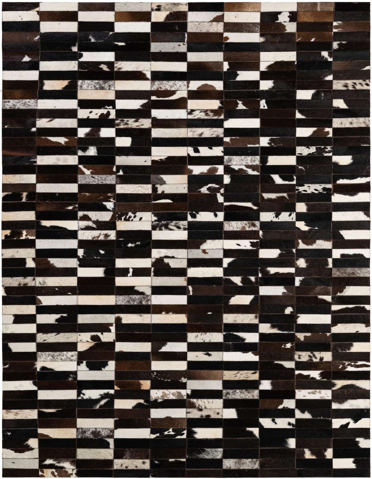 A 5x8 rectangular cowhide rug featuring a modern patchwork stripe pattern in black, white, and brown tones.