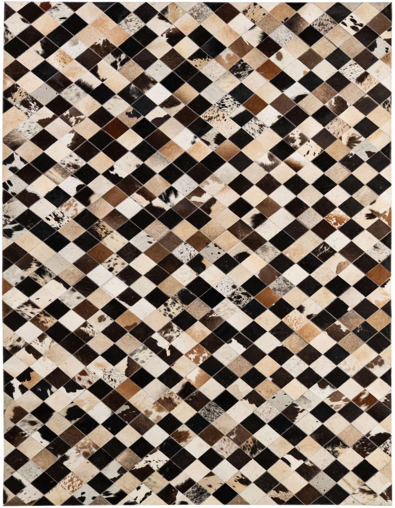 A 5x8 rectangular patchwork cowhide rug featuring a modern checkerboard pattern in various shades of brown, black, and white.