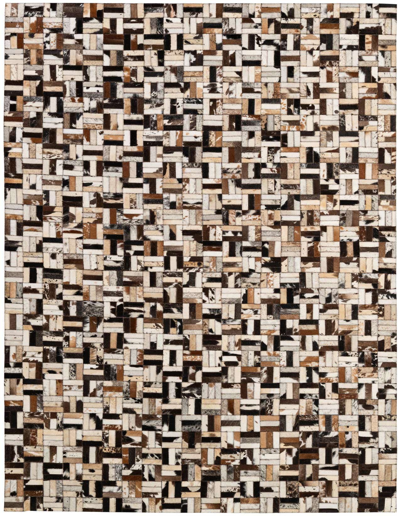 A 5x8 rectangular Cowhide Patchwork rug featuring a modern pattern of multi-colored natural cowhide and leather squares.