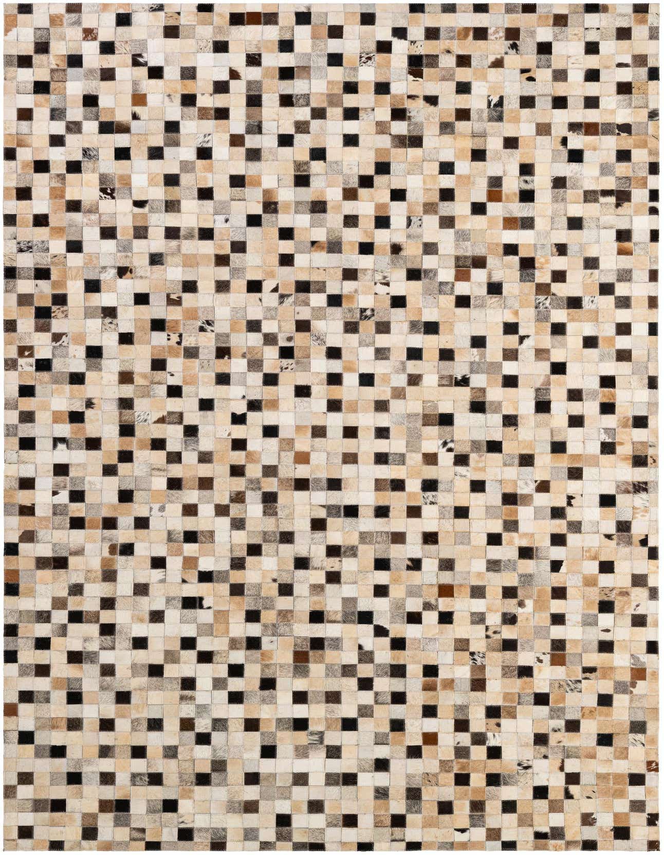 A 5x8 rectangular Cowhide Patchwork rug featuring a modern grid pattern of multi-colored squares in varying shades of brown, black, and cream.