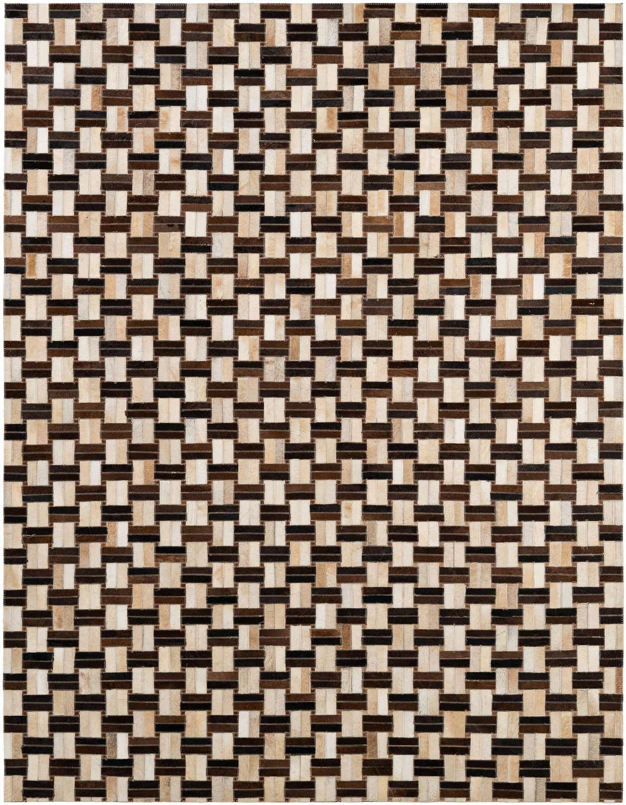 A 5x8 rectangular, multi-colored cowhide patchwork rug with a modern stripe pattern, ideal for a living room.