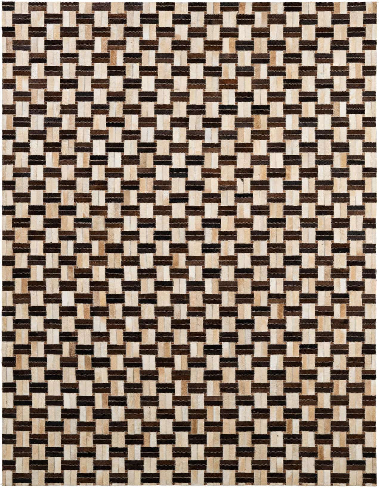 A 5x8 rectangular Cowhide Patchwork rug featuring a modern geometric pattern of alternating light and dark brown leather strips.