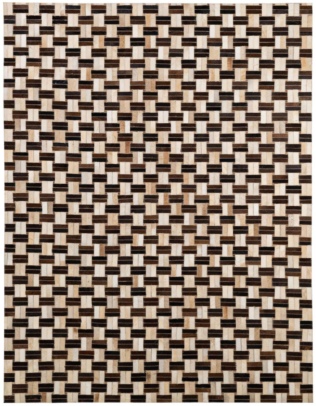 A 5x8 rectangular Cowhide Patchwork rug featuring a modern geometric pattern of alternating light and dark brown leather squares.