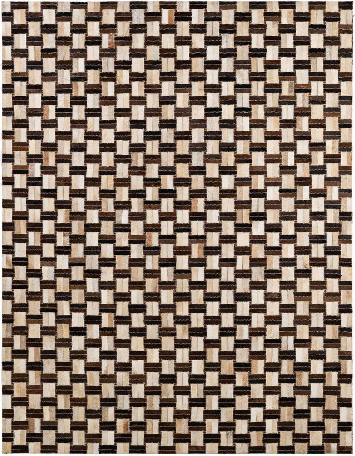 A 5x8 rectangular Cowhide Patchwork rug featuring a modern stripe pattern in various shades of brown and beige.
