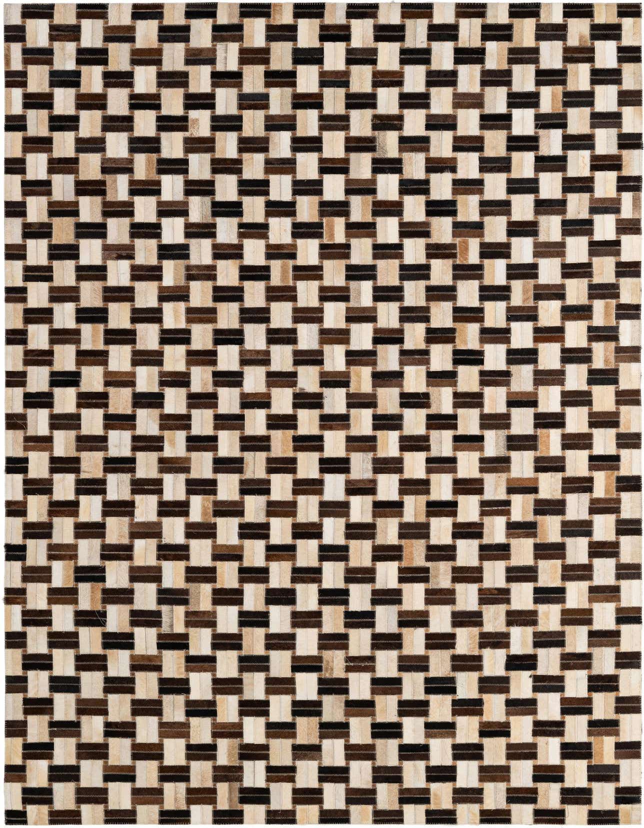 A 5x8 rectangular Cowhide - Patchwork rug featuring a modern stripe pattern in multi-colored natural cowhide and leather, ideal for a living room.