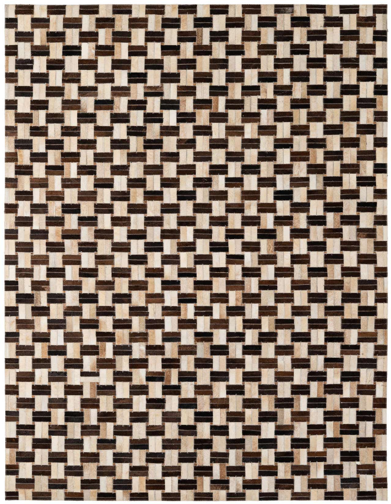 A 5x8 rectangular Cowhide Patchwork rug featuring a modern stripe pattern in multi-colored natural cowhide and leather.