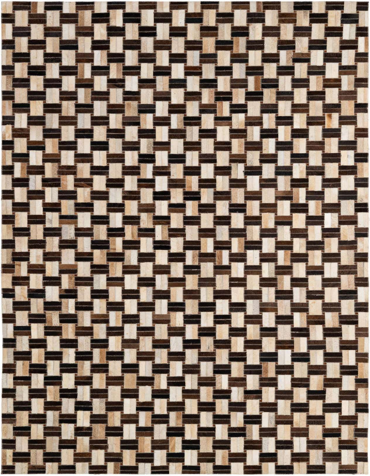 A rectangular 5x8 patchwork cowhide rug with a modern striped pattern in varying shades of brown, black, and cream.