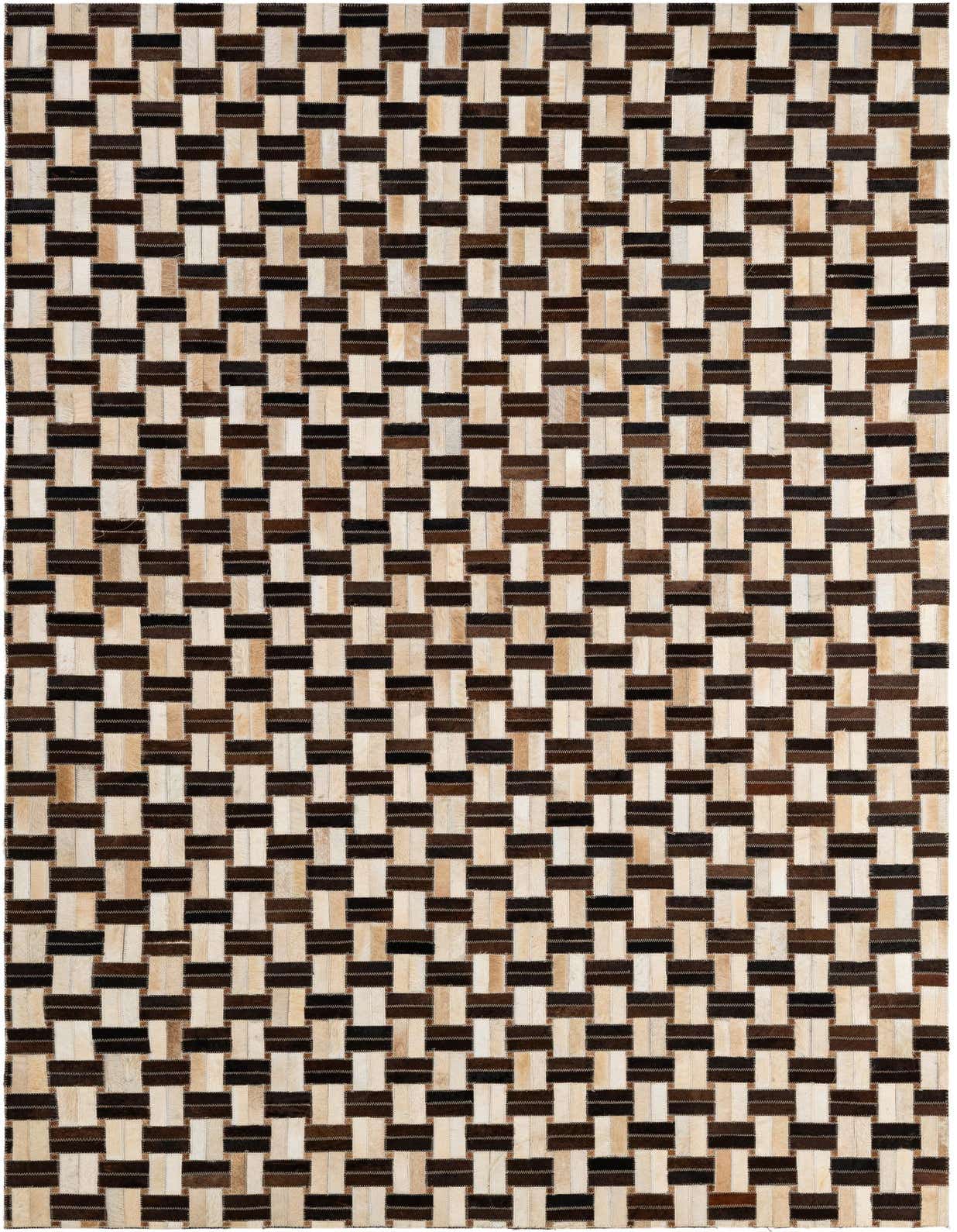 A 5x8 rectangular Cowhide Patchwork rug with a modern stripe pattern in multi-colored natural cowhide and leather.