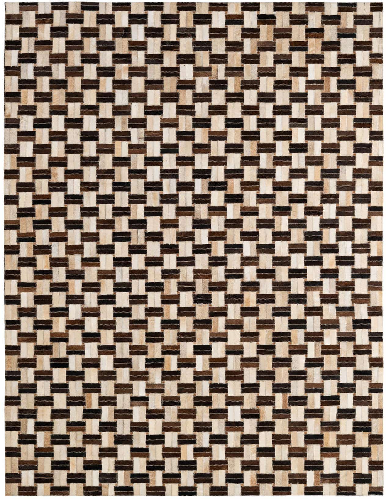 A 5x8 rectangular Cowhide Patchwork rug featuring a modern stripe pattern in varying shades of brown, black, and cream.