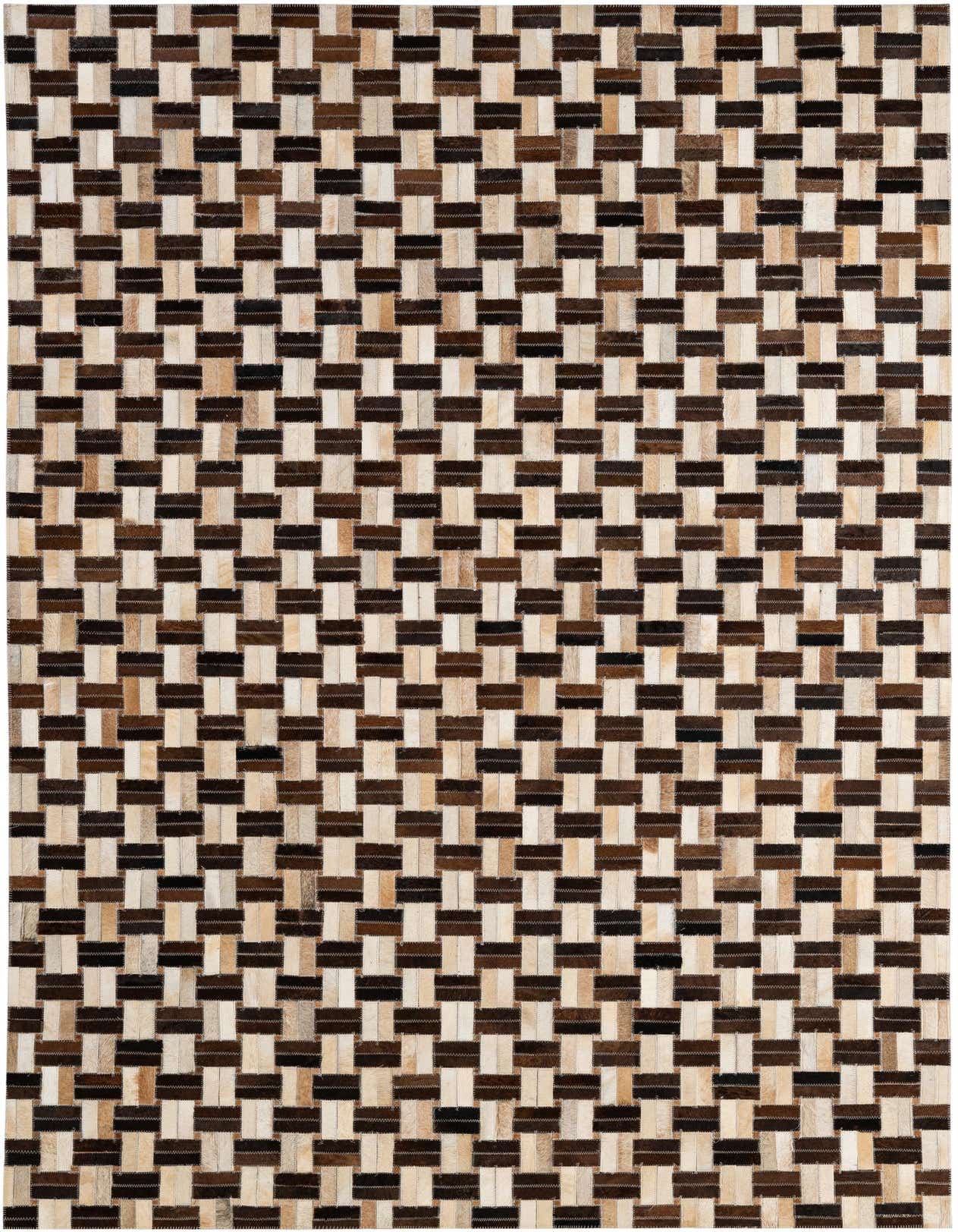 A 5x8 rectangular Cowhide Patchwork rug featuring a modern stripe pattern in varying shades of brown and beige.