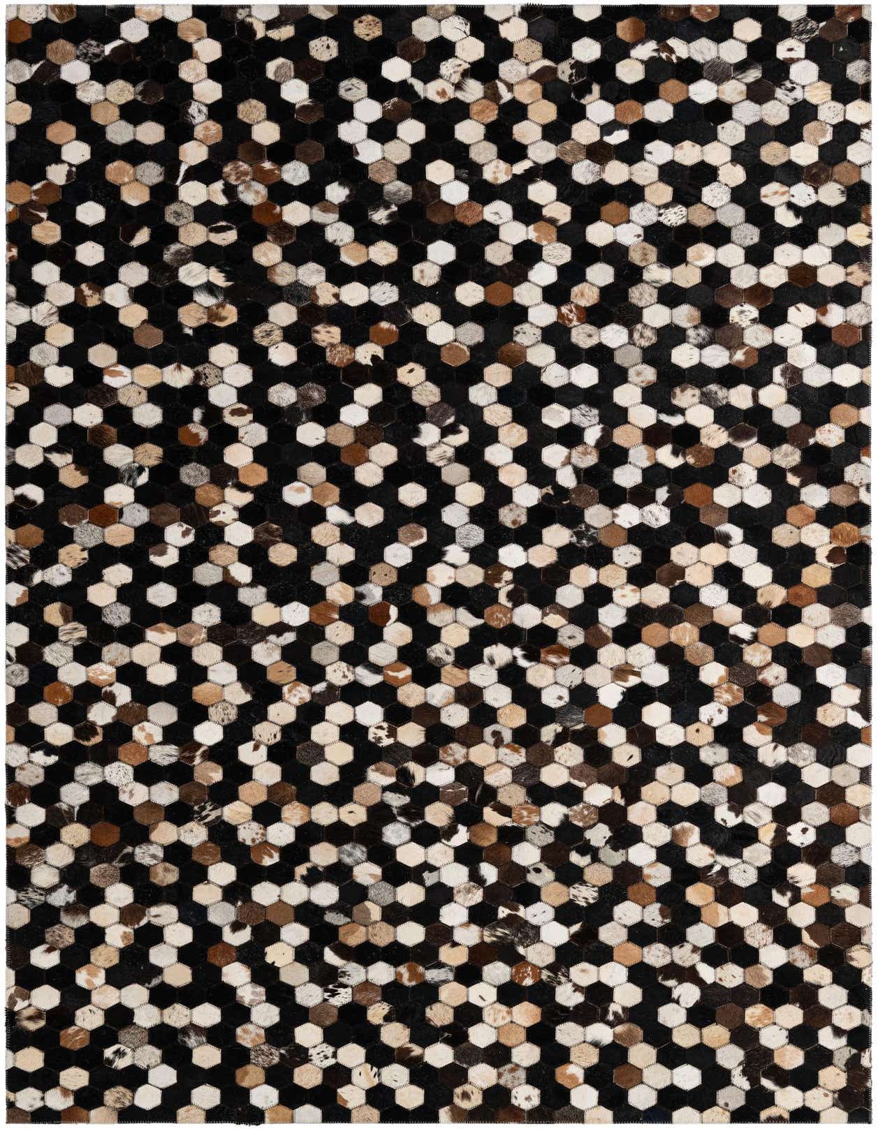 A 5x8 rectangular Cowhide rug with a modern patchwork pattern of multi-colored hexagonal pieces, ideal for a living room.