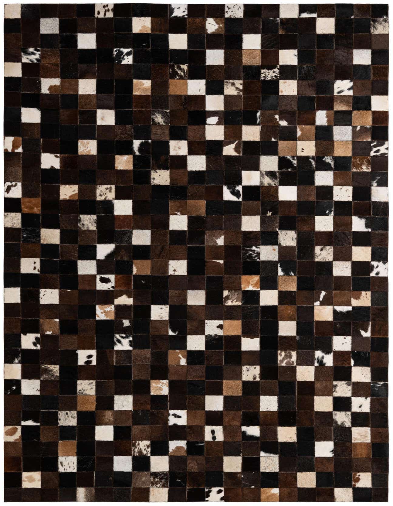 A 5x8 rectangular patchwork cowhide rug featuring a checkerboard pattern of multi-colored squares in black, brown, and white tones.