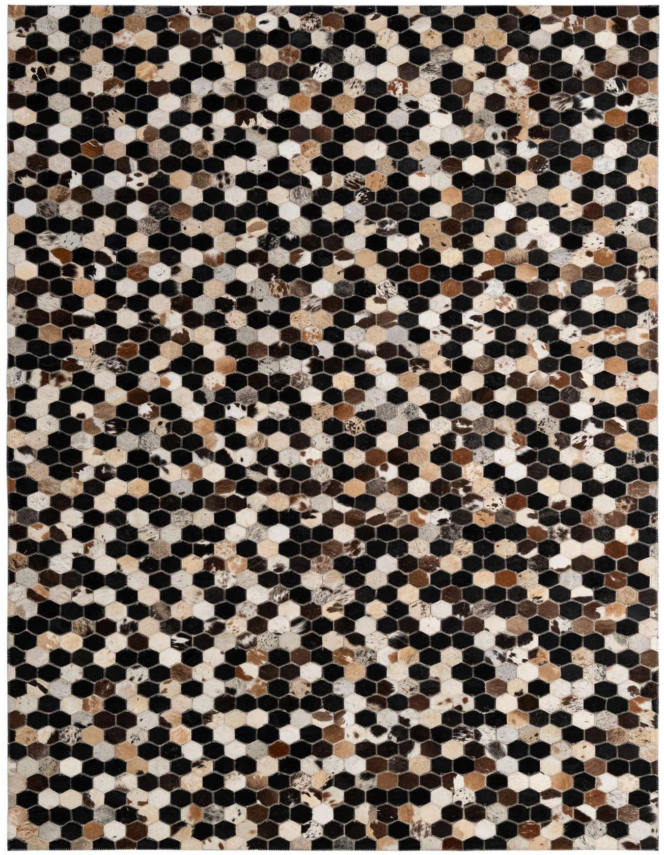 A 5x8 rectangular Cowhide Patchwork rug featuring a modern hexagonal pattern in multi-colored natural cowhide and black leather.