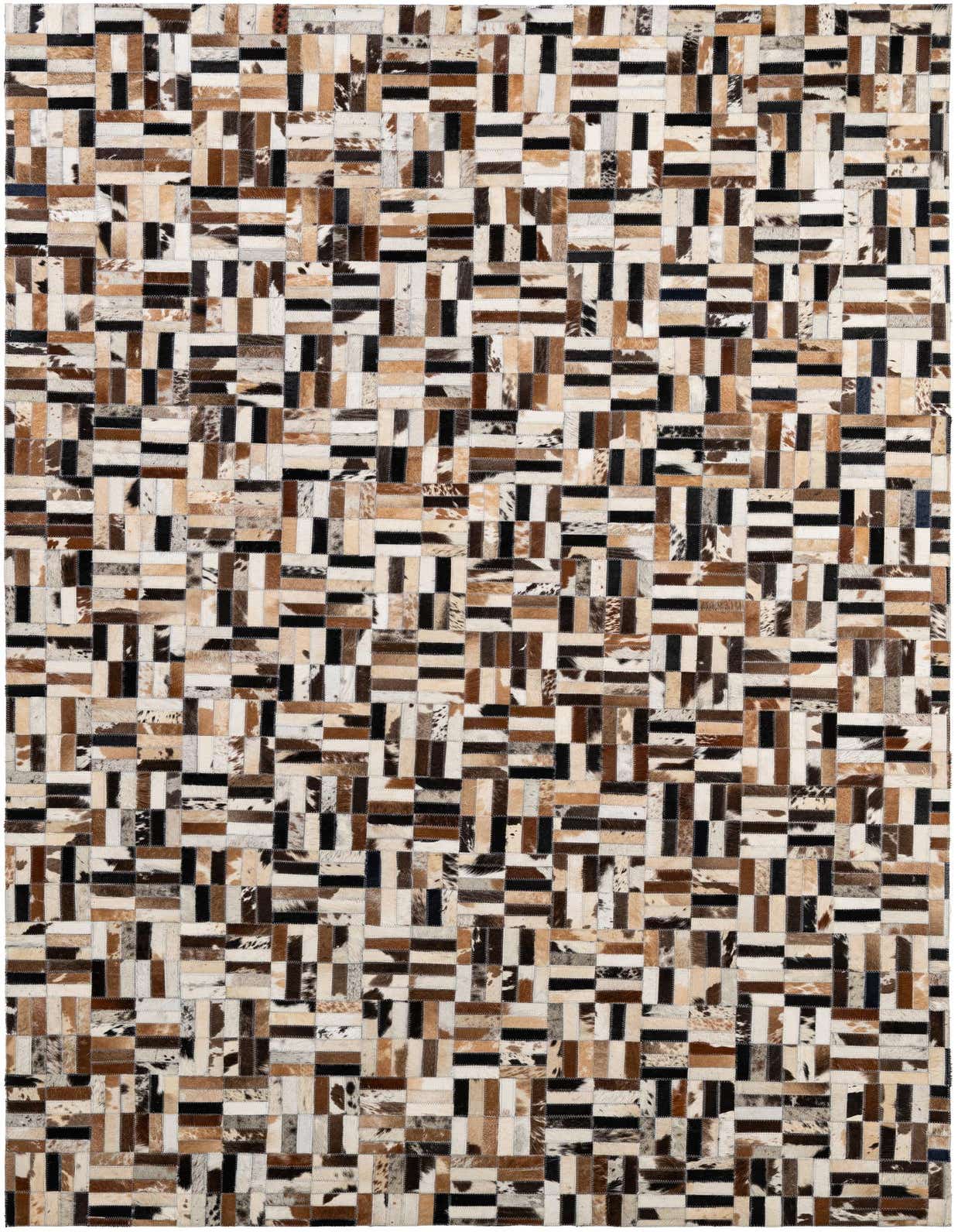 A 5x8 rectangular patchwork cowhide rug with a modern stripe pattern in various shades of brown, black, and white.