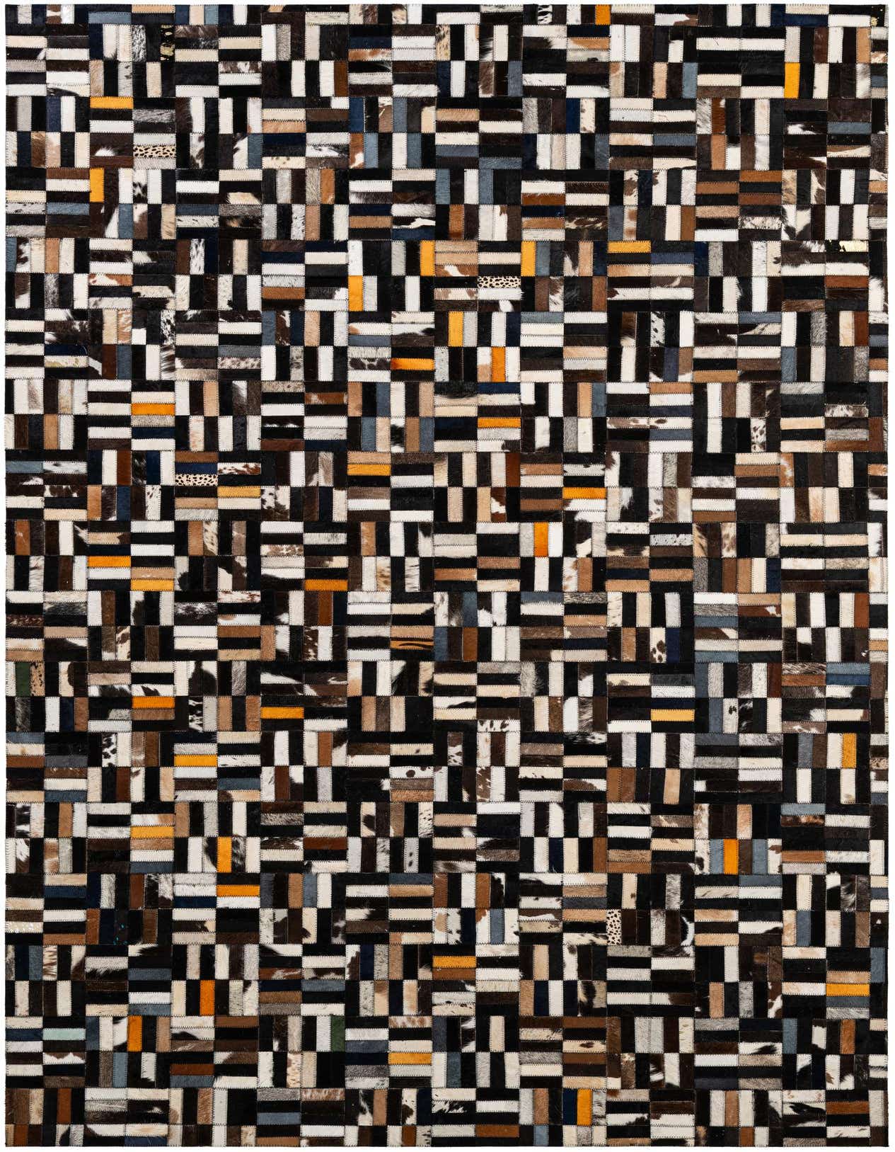 A 5x8 rectangular Cowhide Patchwork rug featuring a modern multi-colored mosaic of black, white, brown, tan, gray, and orange leather patches.