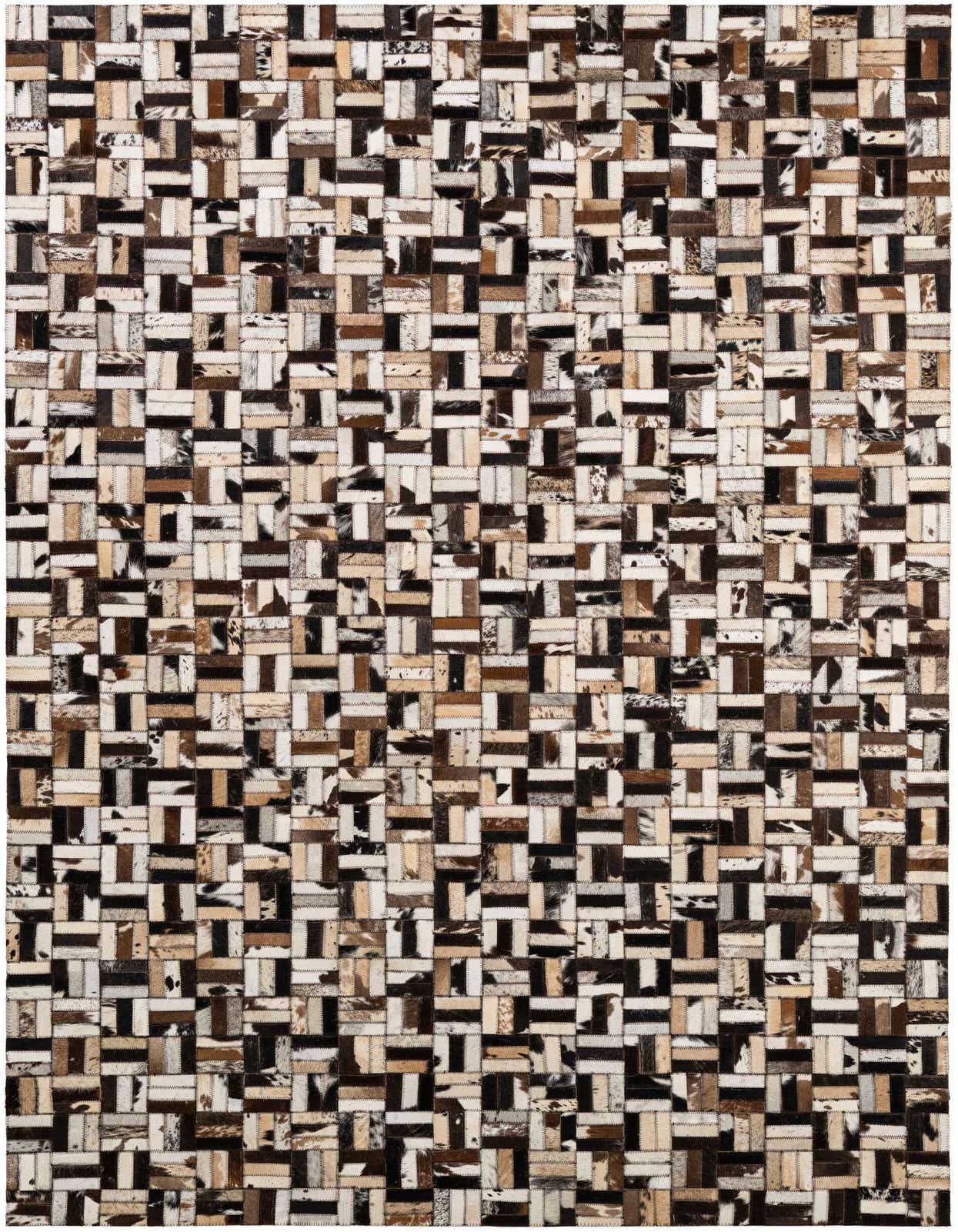 A 5x8 rectangular Cowhide Patchwork rug featuring a modern stripe pattern in multi-colored natural tones.