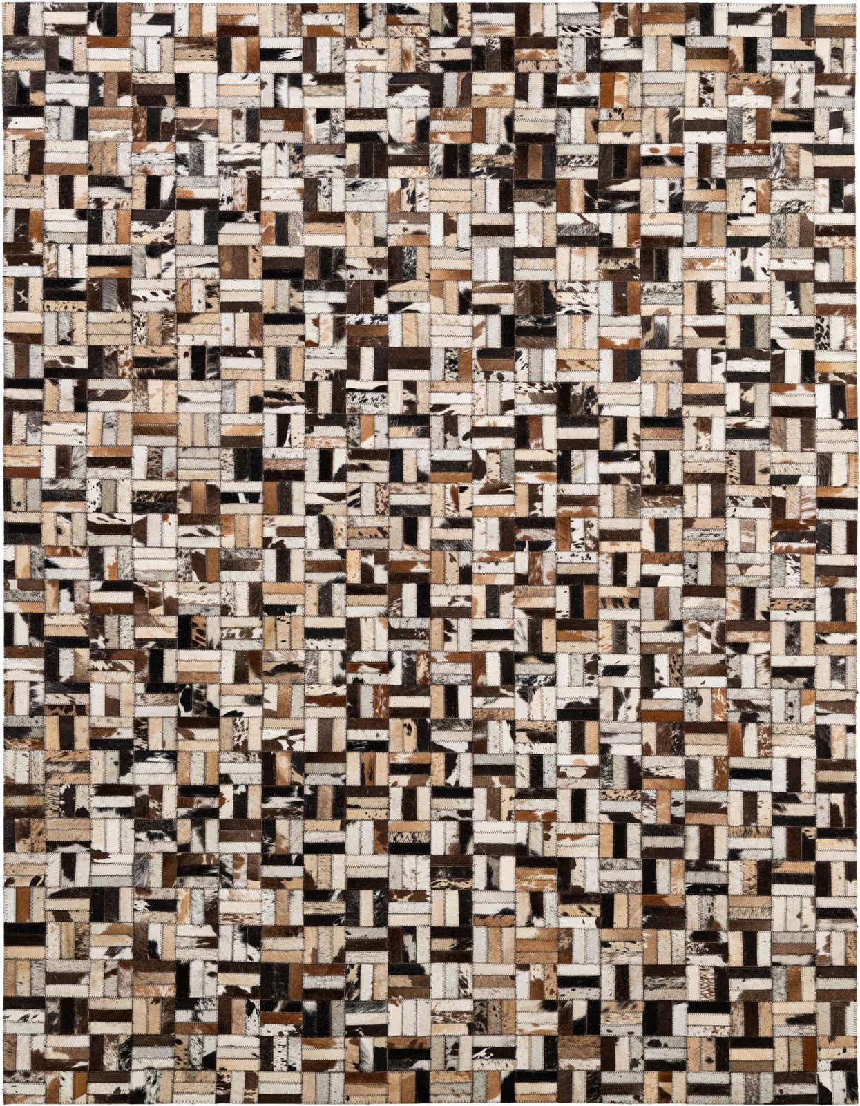 A 5x8 rectangular patchwork cowhide rug with varied natural brown, black, and white fur patches, ideal for a modern living space.