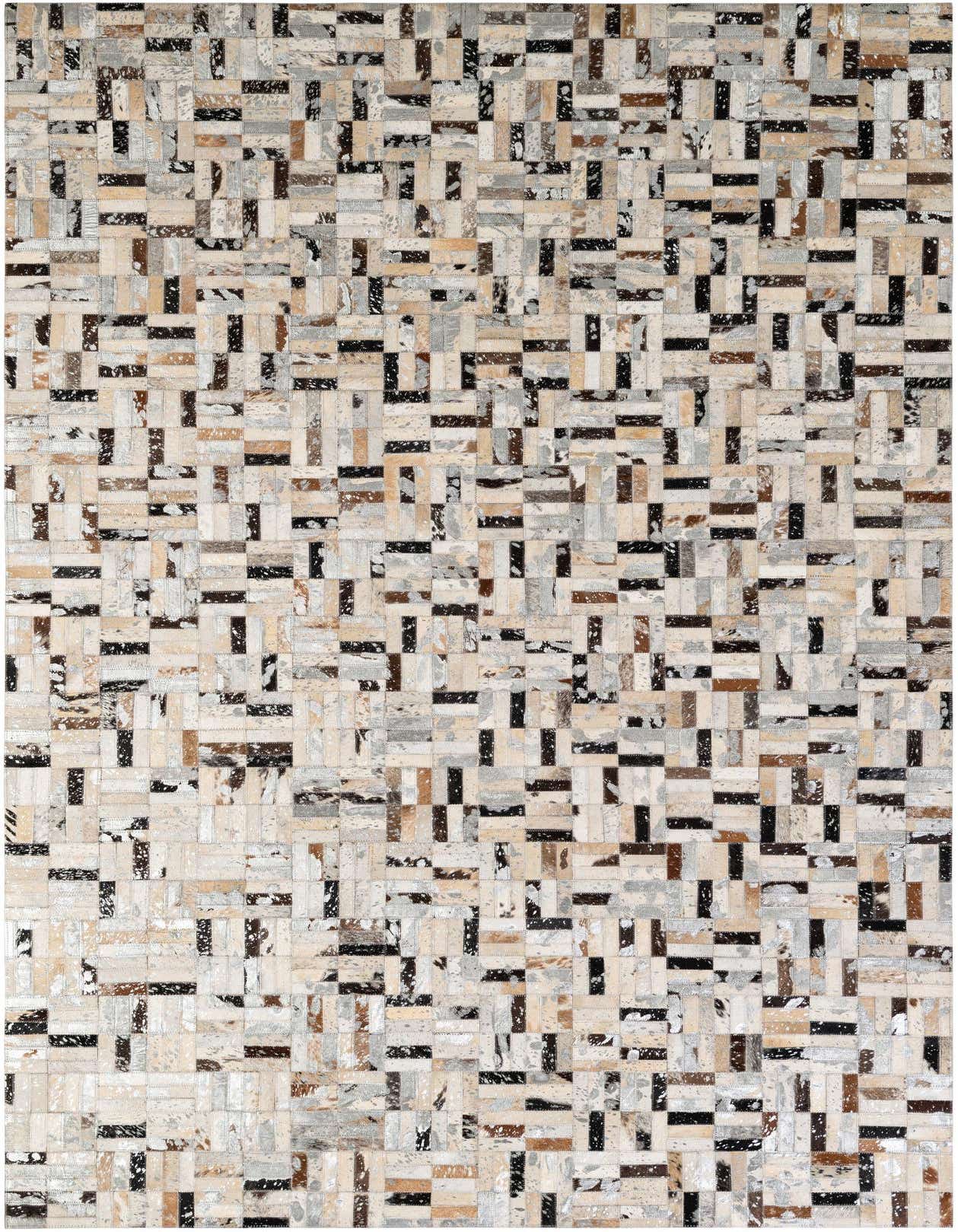 A 5x8 rectangular Cowhide Patchwork rug featuring a modern, multi-colored pattern of natural hide in shades of cream, brown, black, and gray.