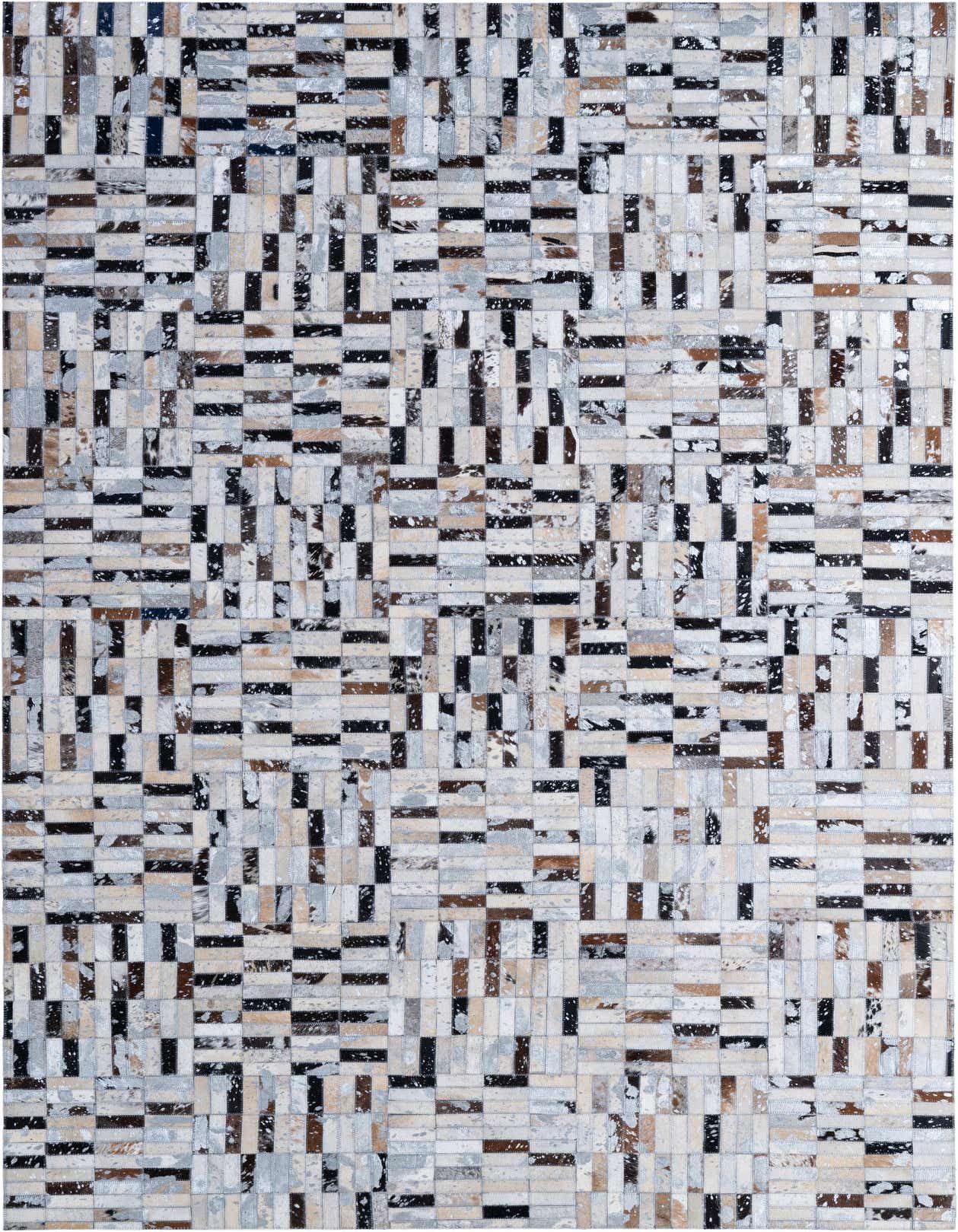 A 5x8 rectangular Cowhide Patchwork rug featuring a modern stripe pattern in multi-colored natural tones, ideal for a living room.