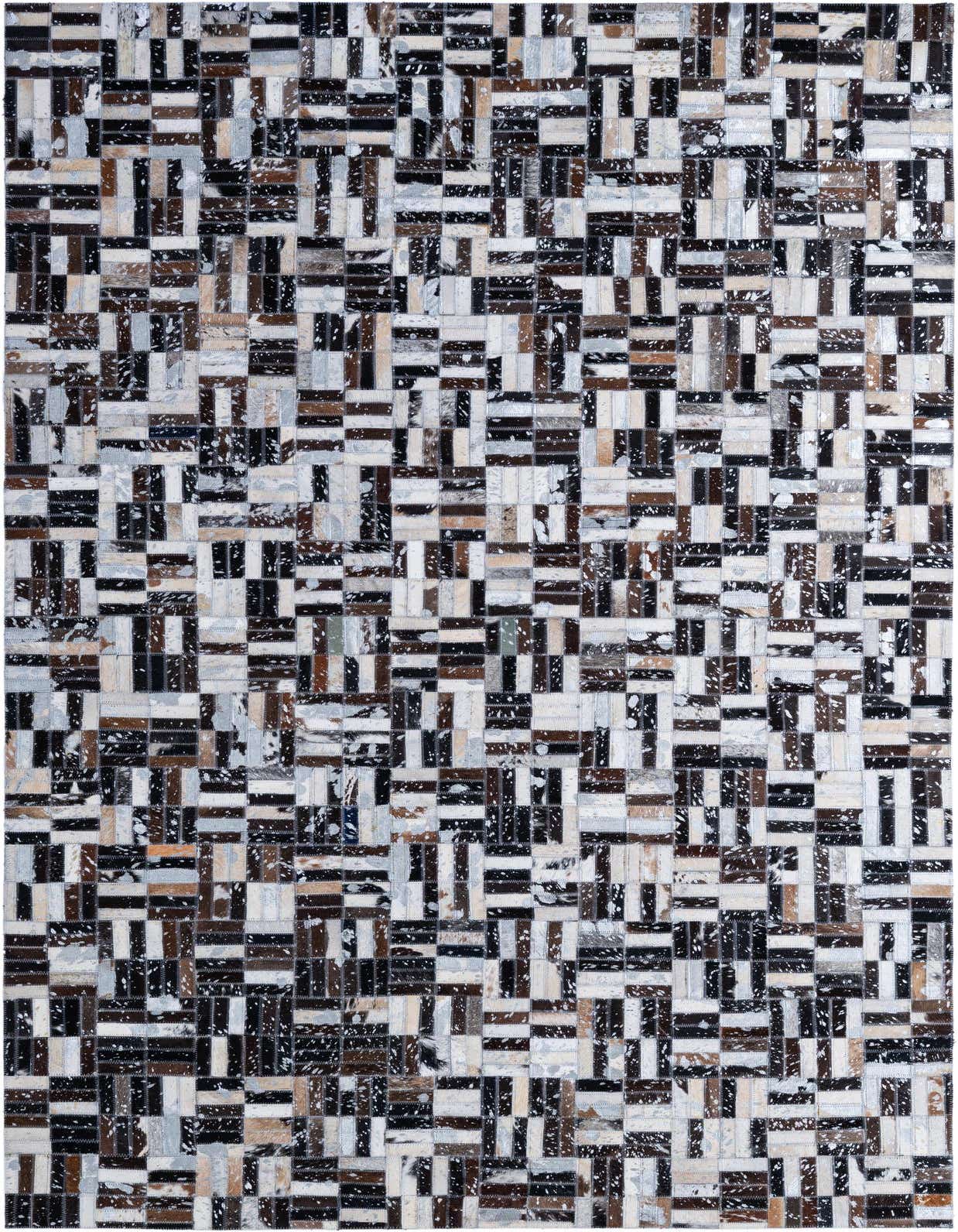 A 5x8 rectangular patchwork cowhide rug featuring a modern stripe pattern in multi-colored natural tones, ideal for a living room.