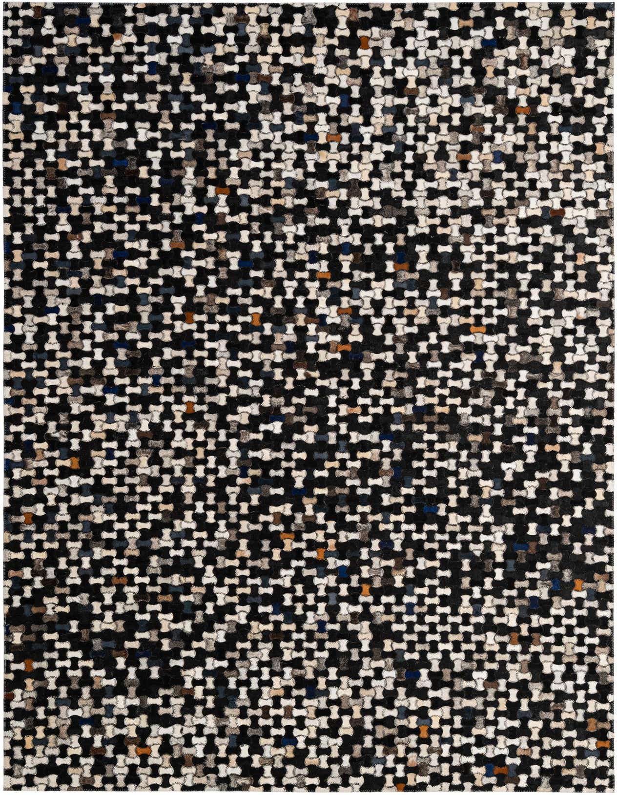 A 5x8 rectangular Cowhide - Patchwork rug featuring a modern pattern of interconnected bone-shaped pieces in black, white, gray, brown, and blue.