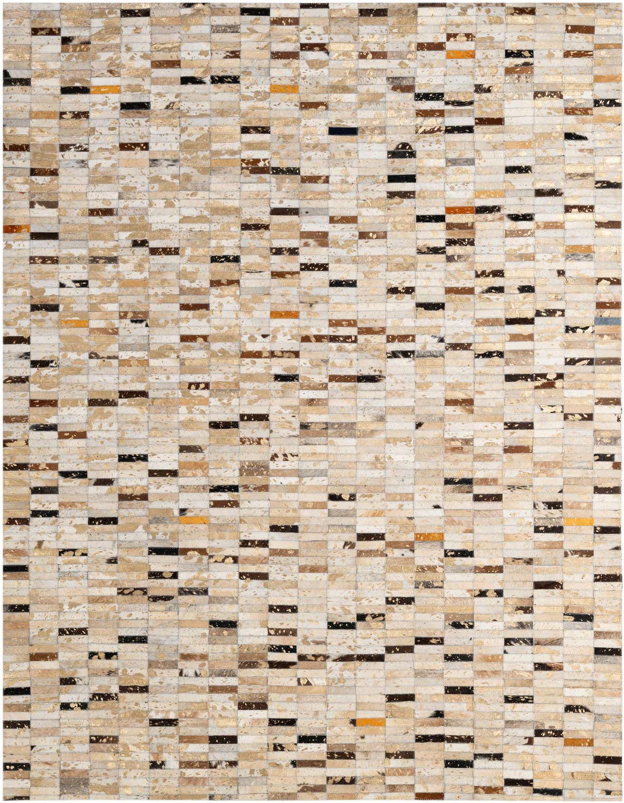 A 5x8 rectangular Cowhide - Patchwork rug featuring a modern stripe pattern in multi-colored tones of beige, brown, black, and gold.