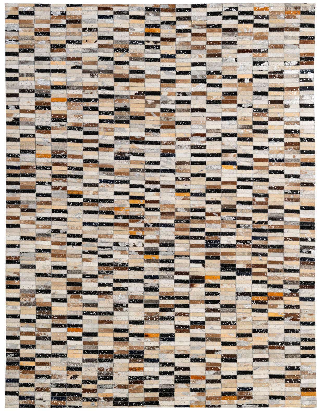 A rectangular 5x8 multi-colored cowhide patchwork rug featuring a modern striped pattern with varying shades of brown, black, white, and orange.