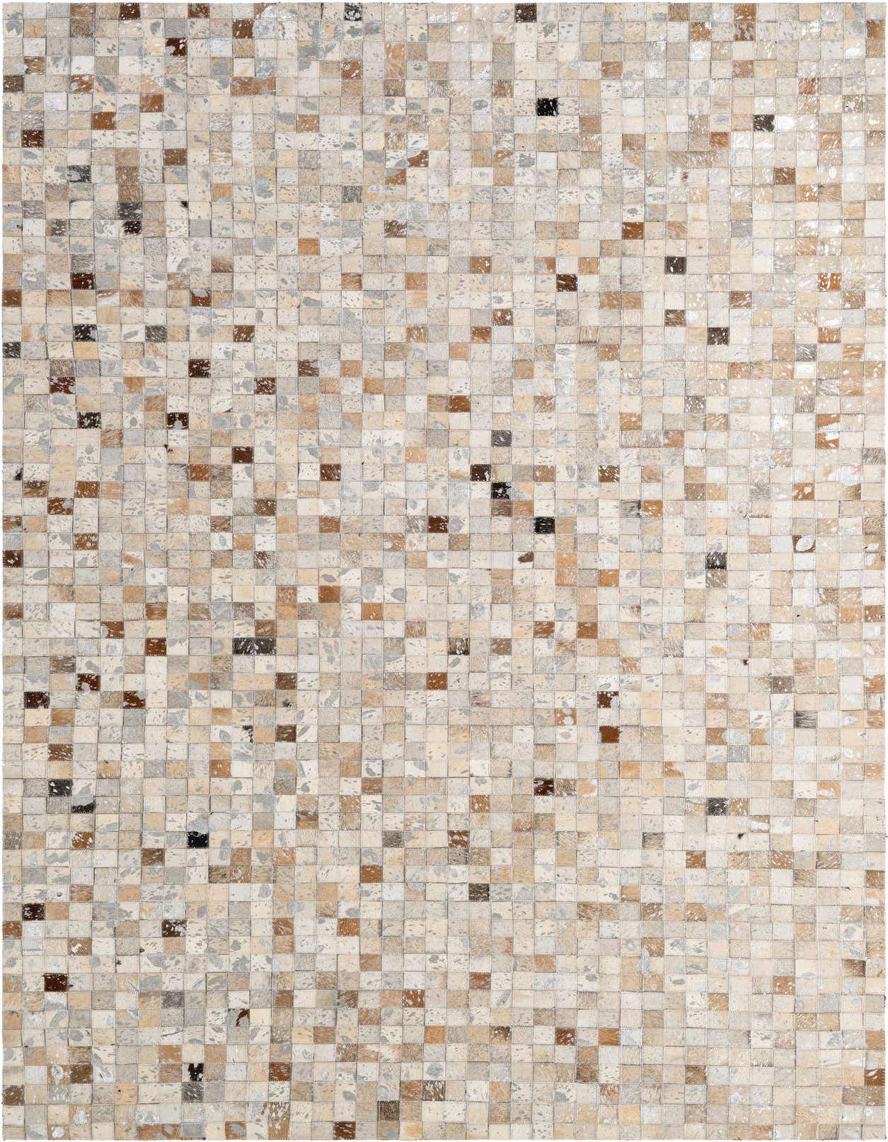 A 5x8 rectangular Cowhide Patchwork rug featuring a mosaic of multi-colored natural cowhide squares in various shades of brown, beige, and gray.