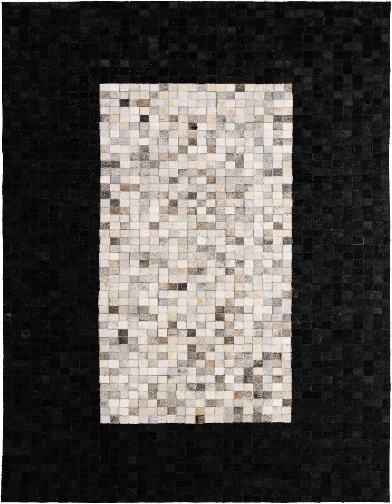 A 5x8 rectangular Cowhide Patchwork rug featuring a multi-colored pixelated center framed by a solid black border.