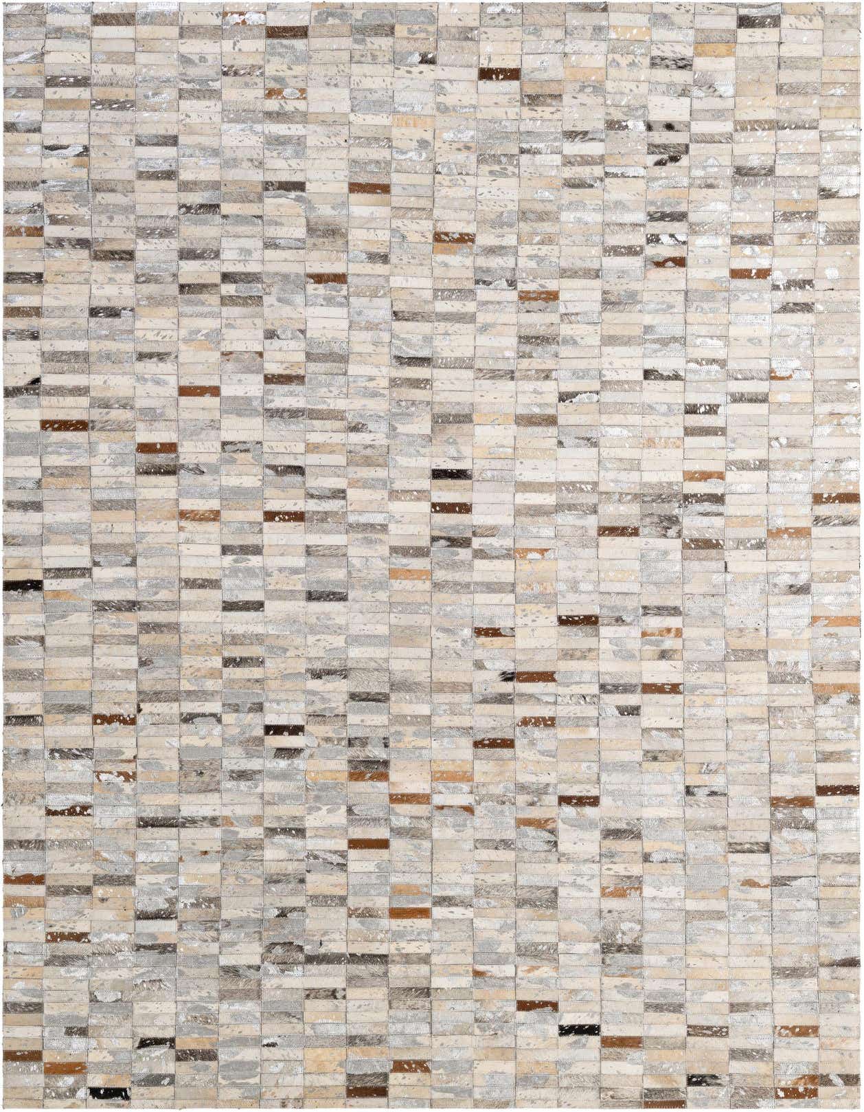 A 5x8 rectangular Cowhide Patchwork rug featuring a modern stripe pattern in multi-colored natural cowhide and leather.