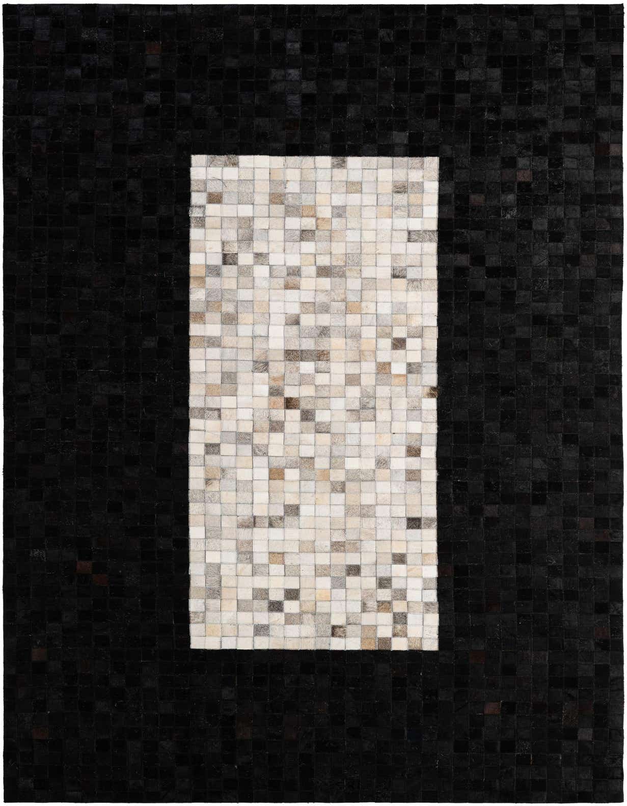 A 5x8 rectangular Cowhide Patchwork rug featuring a modern design with a large multi-colored square pattern on a black background.