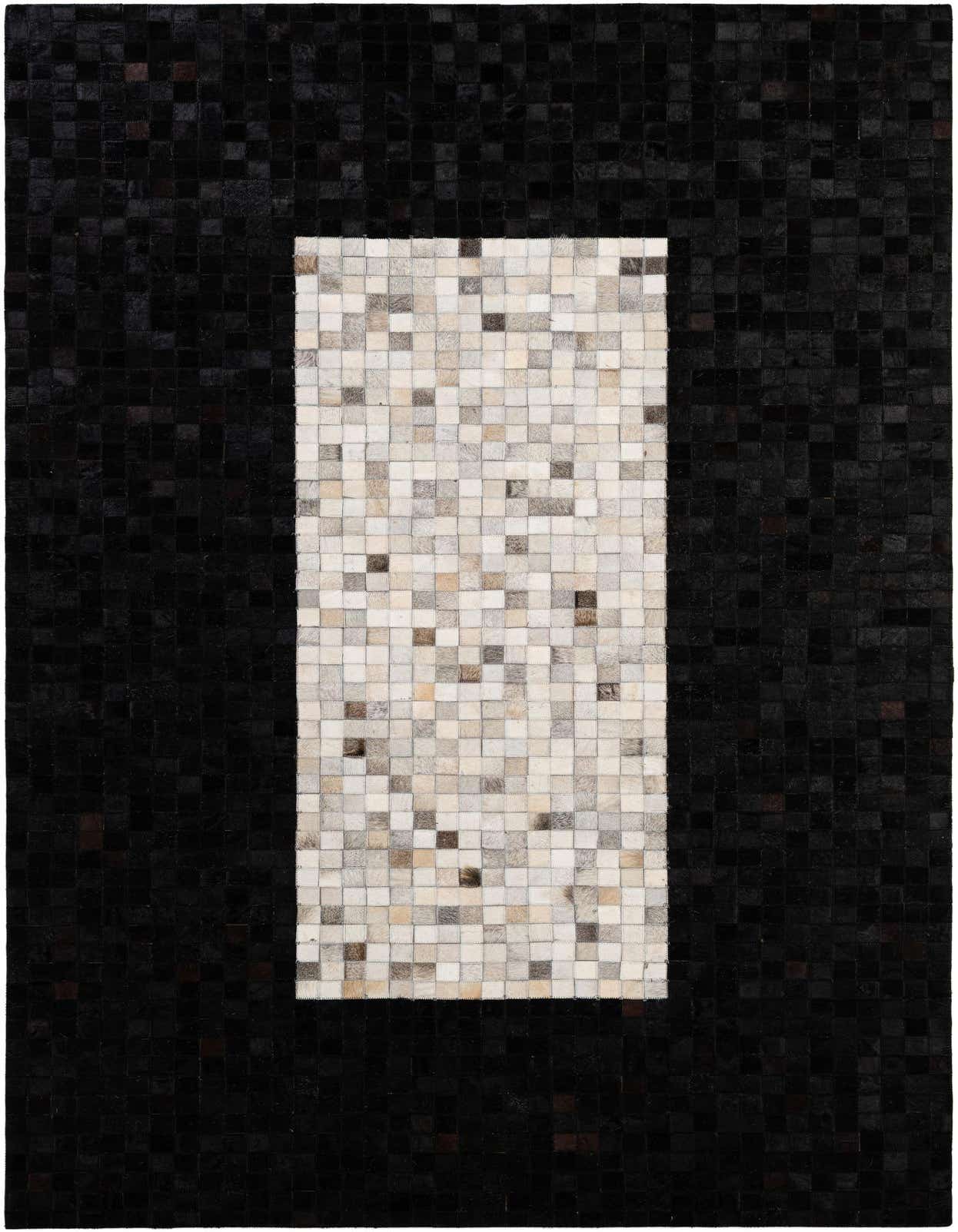 A rectangular 5x8 modern cowhide rug featuring a large black border around a multi-colored patchwork center.