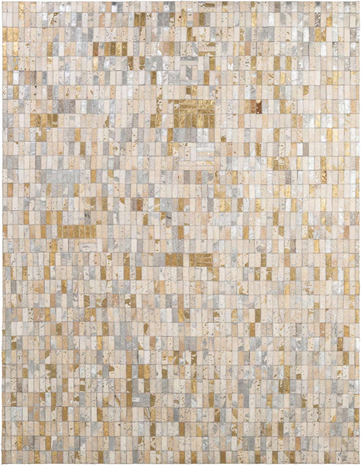A rectangular 5x8 modern patchwork rug made from cowhide and leather in multi-colored shades of gold, silver, and cream, suitable for a living room.