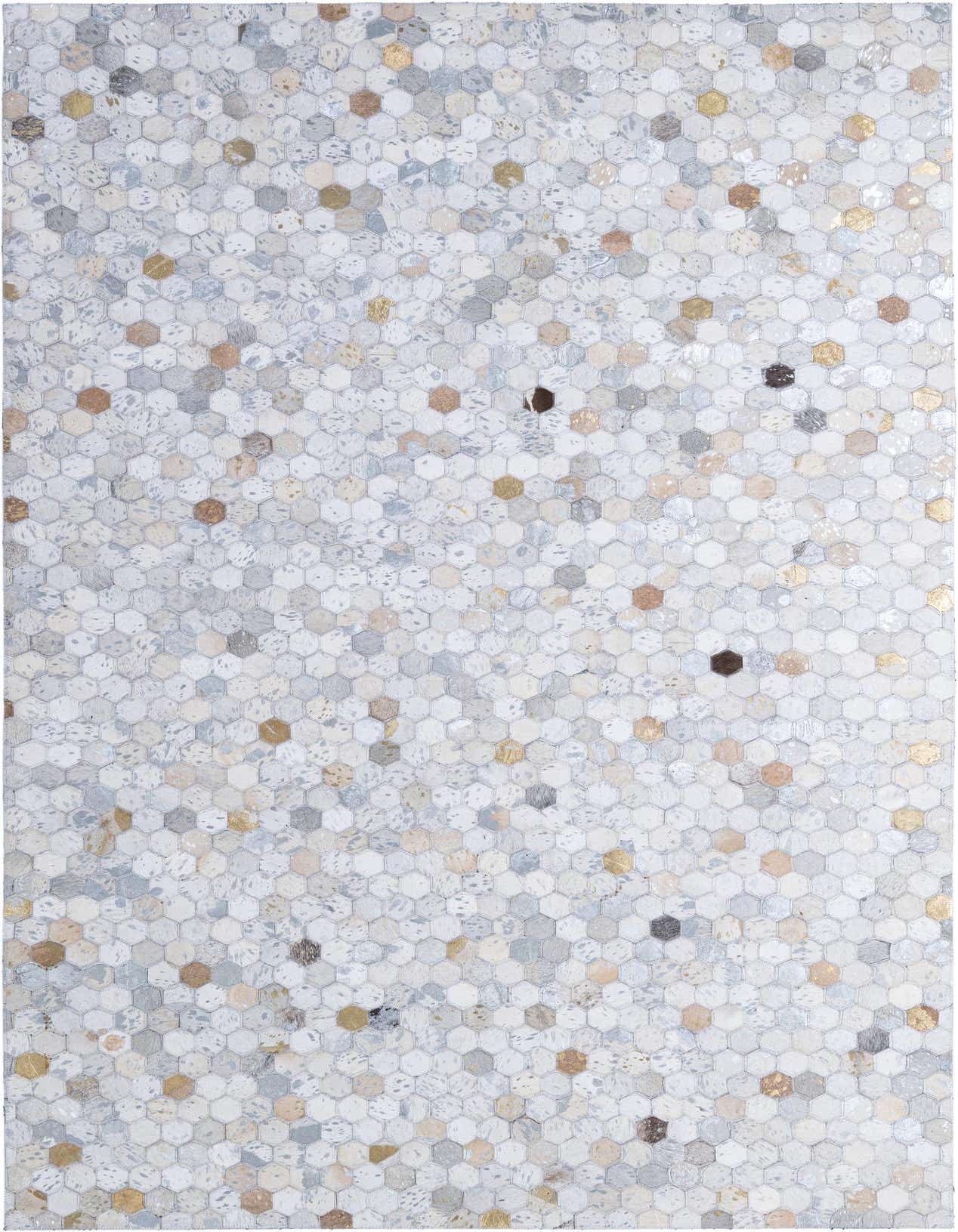 A rectangular 5x8 modern patchwork cowhide rug with multi-colored hexagonal pieces, featuring white, grey, beige, and metallic gold tones.