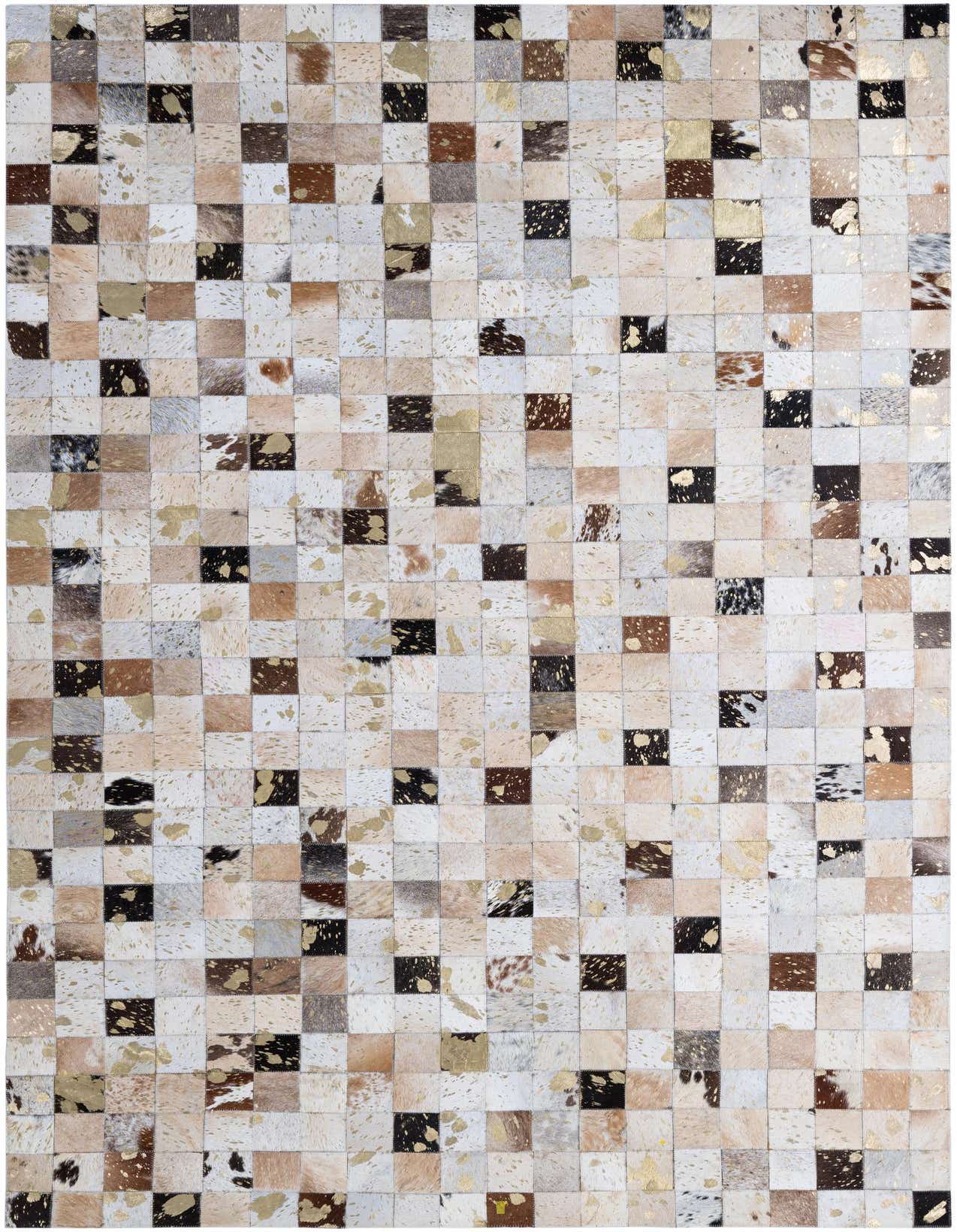 A 5x8 rectangular patchwork cowhide rug featuring squares of natural hide in various brown, black, white, and beige tones with metallic gold accents.