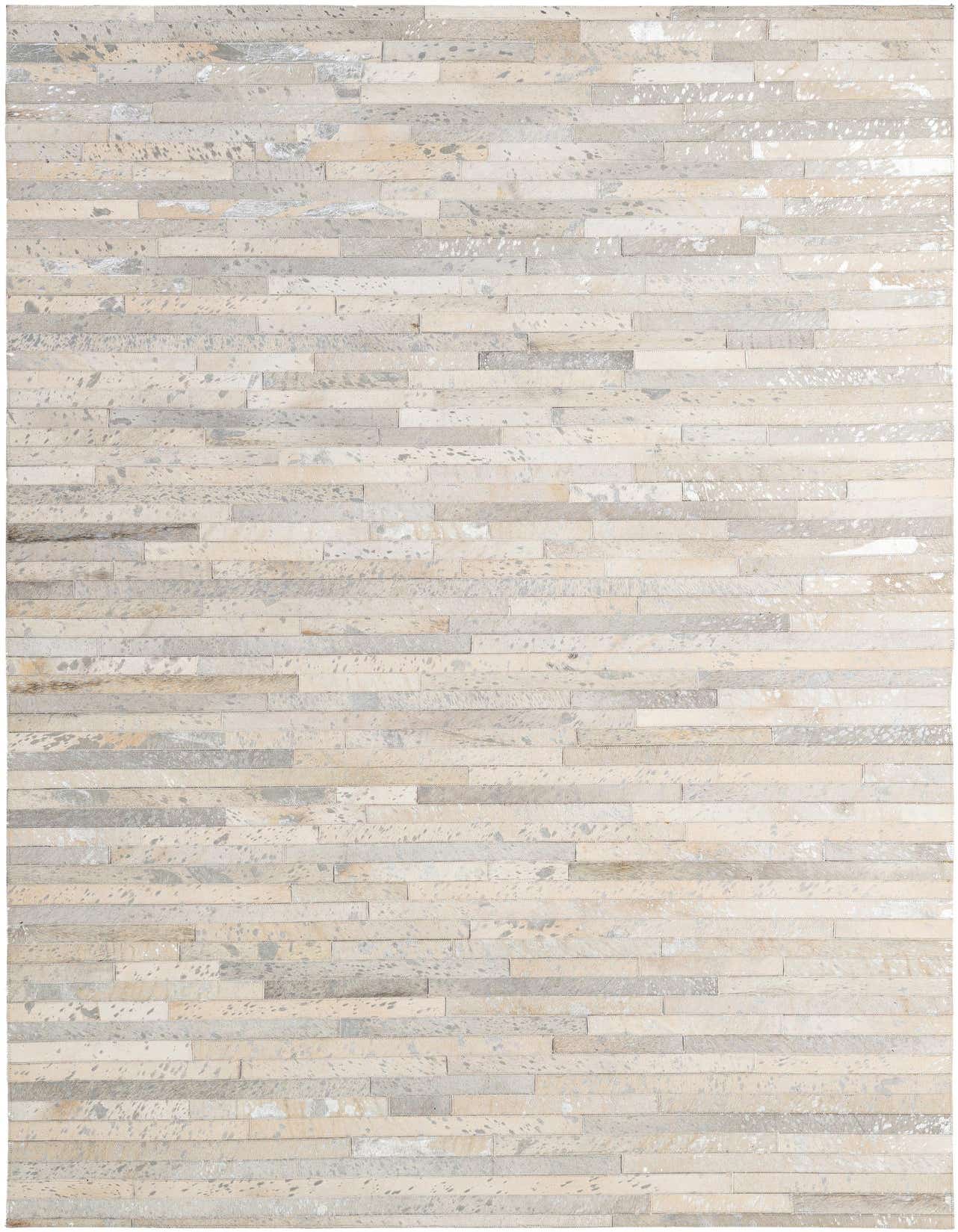 A rectangular 5x8 Cowhide Patchwork rug featuring multi-colored stripes of natural cowhide in varying light tones and patterns.