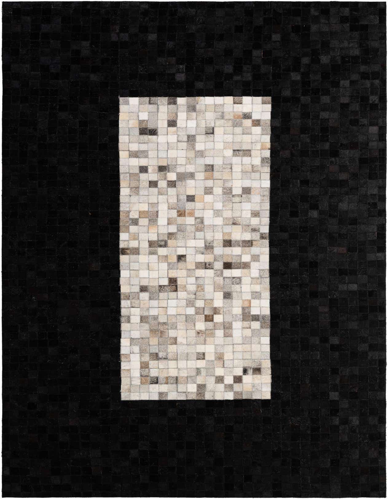 A 5x8 rectangular modern cowhide rug featuring a large black border around a multi-colored patchwork center.
