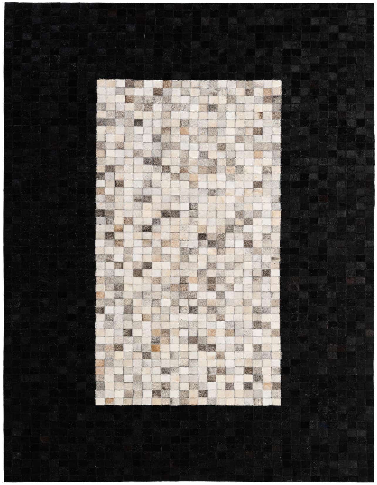 A 5x8 rectangular modern cowhide rug featuring a multi-colored patchwork center framed by a solid black border.