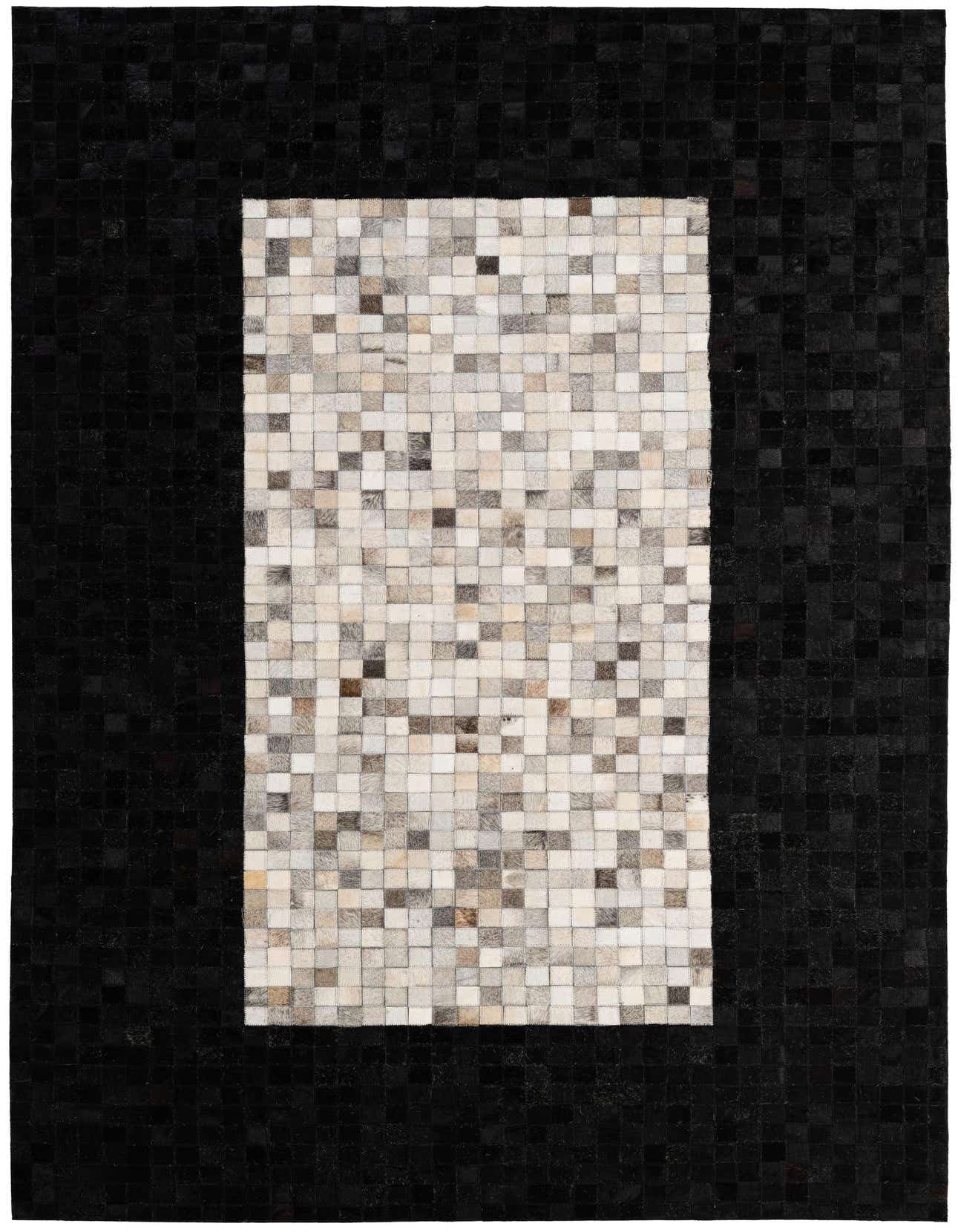 A 5x8 rectangular Cowhide - Patchwork rug featuring a multi-colored square pattern in the center, framed by a solid black border.