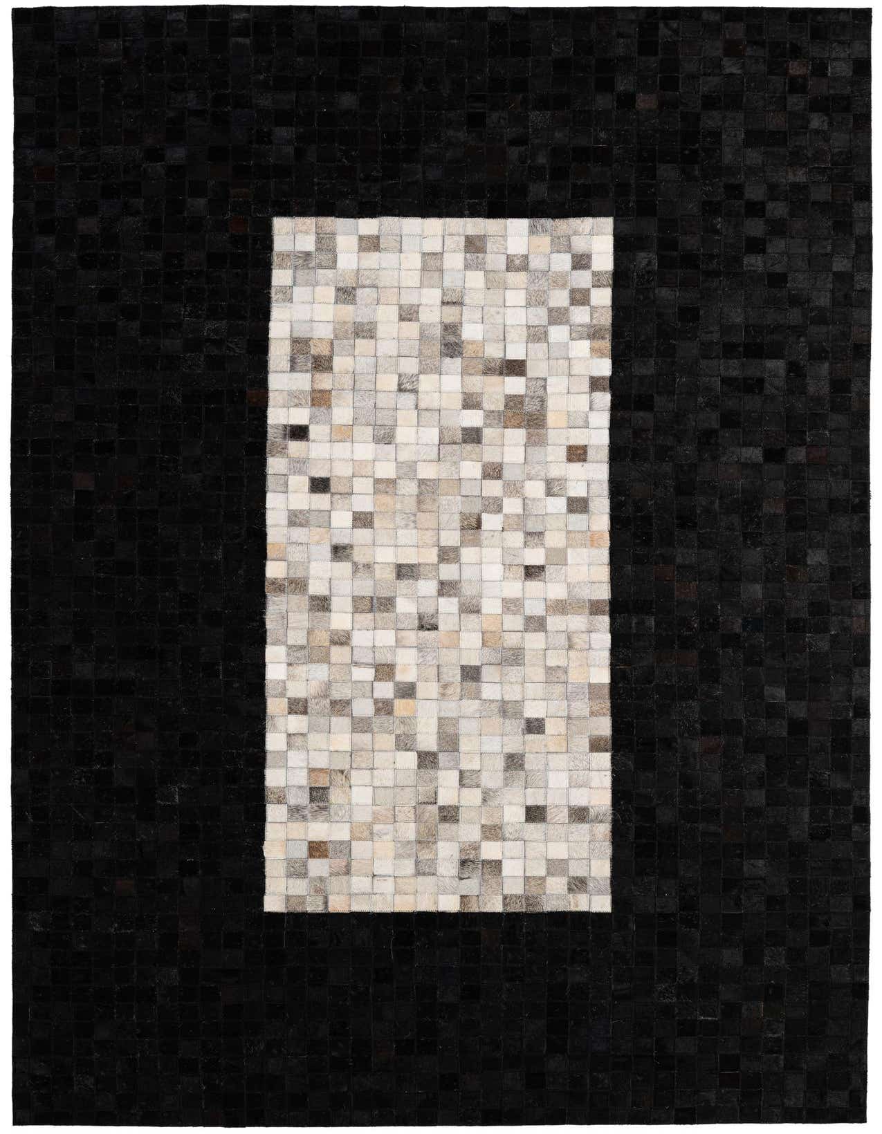 A 5x8 rectangular modern cowhide rug with a black border and a multi-colored patchwork center.