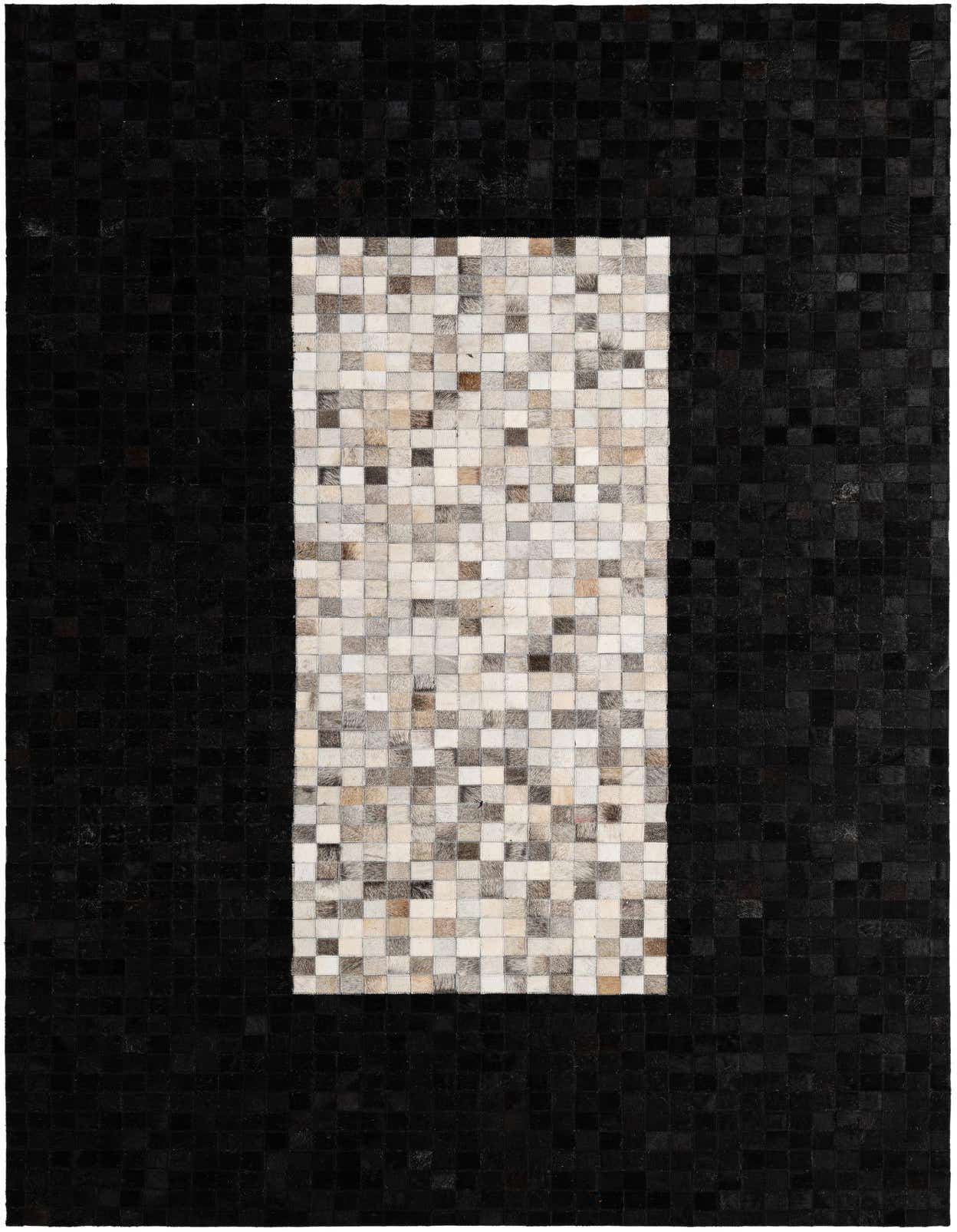A 5x8 rectangular Cowhide Patchwork rug with a large black border surrounding a multi-colored rectangular center.