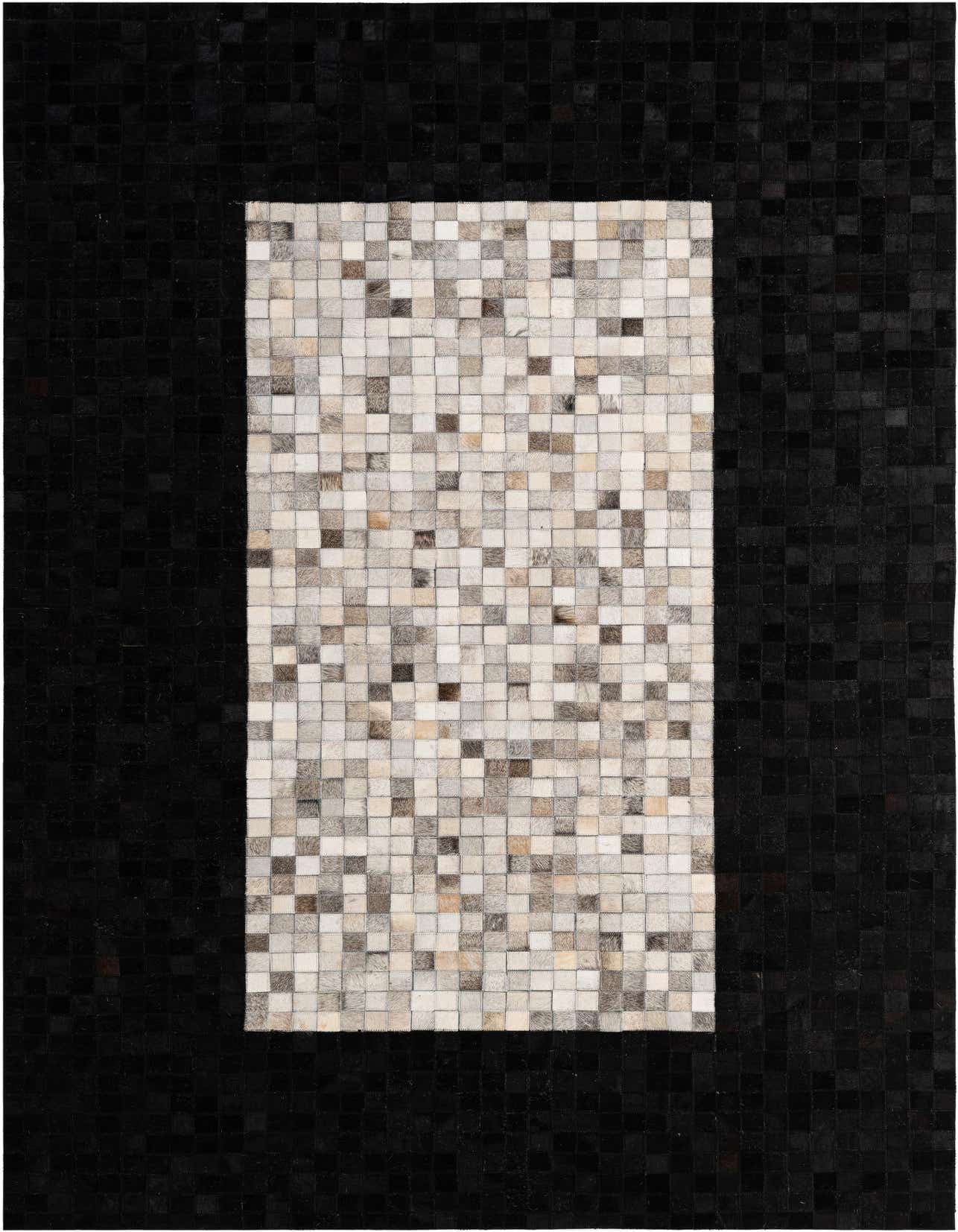 A 5x8 rectangular Cowhide Patchwork rug with a multi-colored square pattern in the center and a solid black border.
