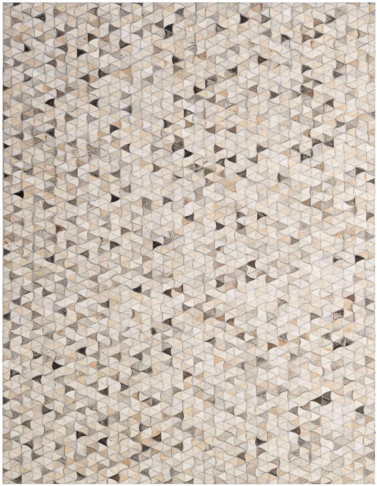 A 5x8 rectangular Cowhide - Patchwork rug featuring a modern geometric pattern of multi-colored triangular and fan-shaped patches in shades of beige, brown, and grey.