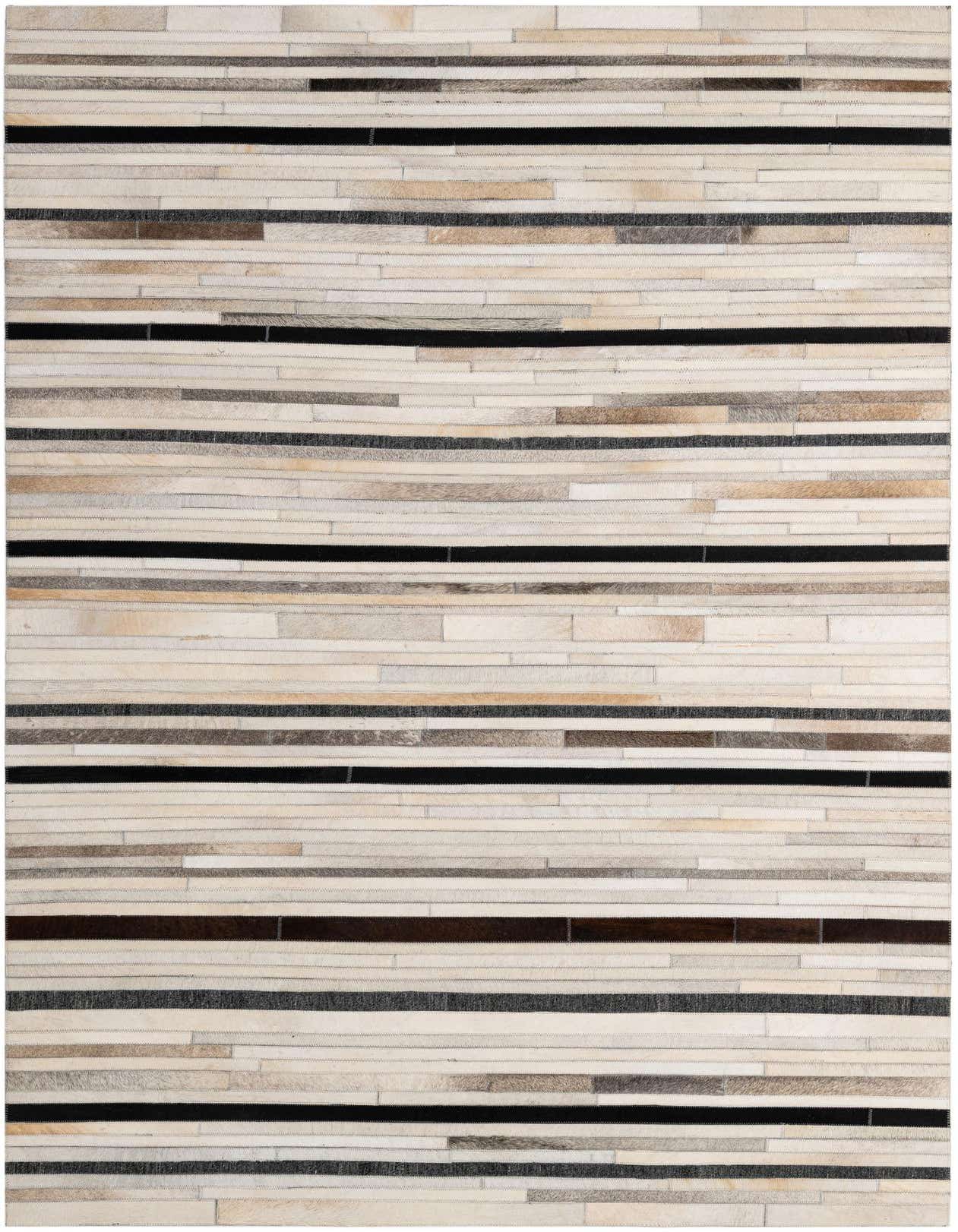A 5x8 rectangular Cowhide Patchwork rug featuring horizontal stripes in varying shades of white, beige, brown, and black, showcasing its modern, multi-colored design.