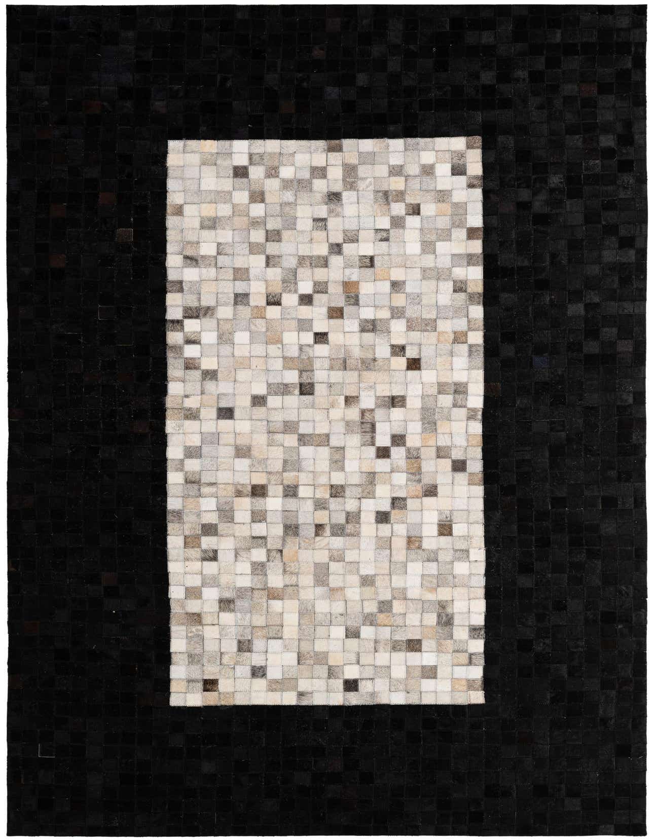 A 5x8 rectangular Cowhide Patchwork rug featuring a multi-colored pixelated center framed by a solid black border.