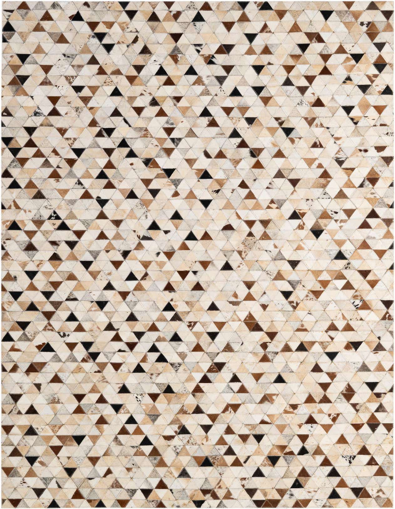 A 5x8 rectangular modern rug made from multi-colored cowhide and leather, featuring a geometric patchwork of small triangles in shades of brown, black, and cream.