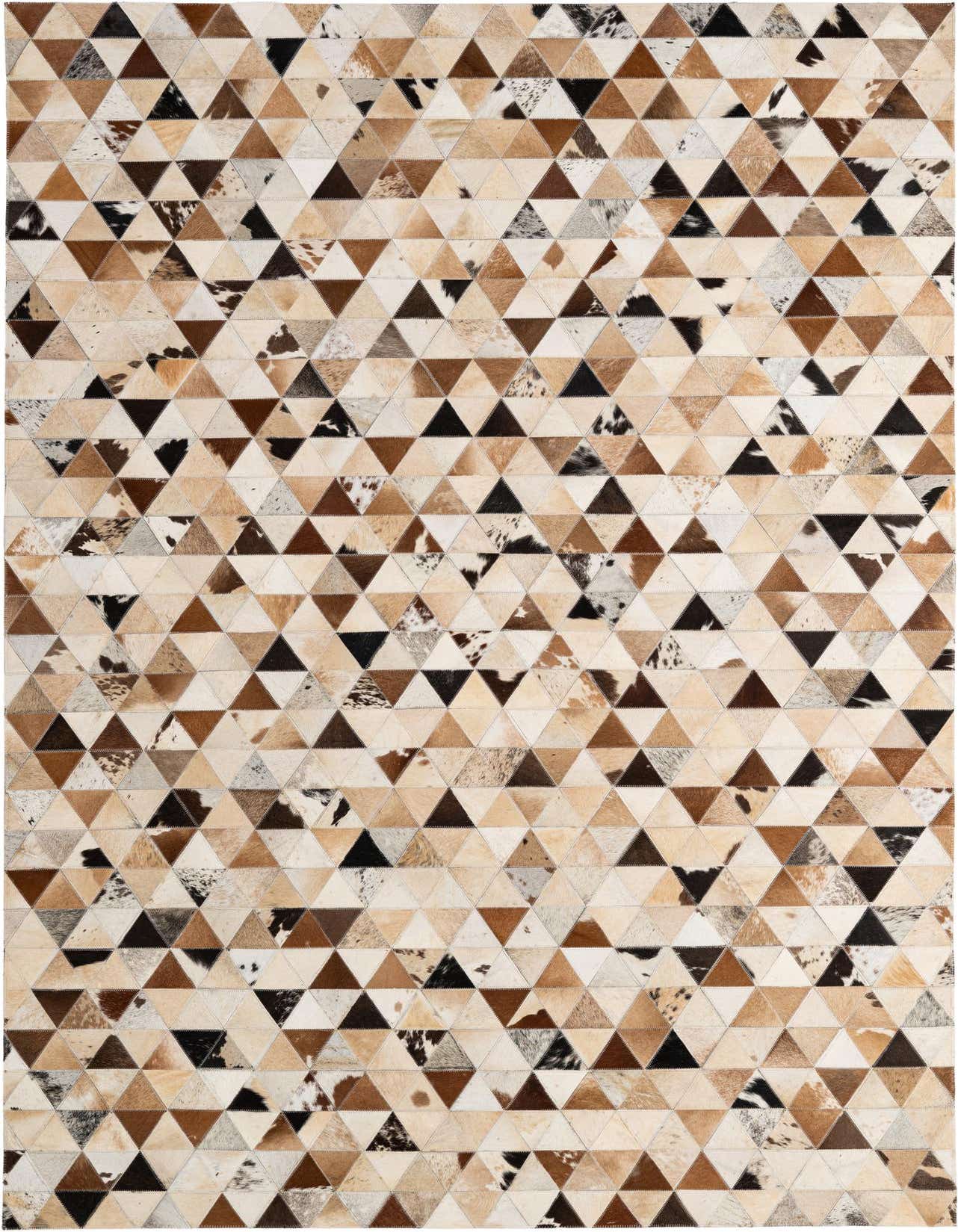 A rectangular 5x8 modern patchwork cowhide rug featuring a geometric pattern of triangles in various shades of brown, black, and cream.