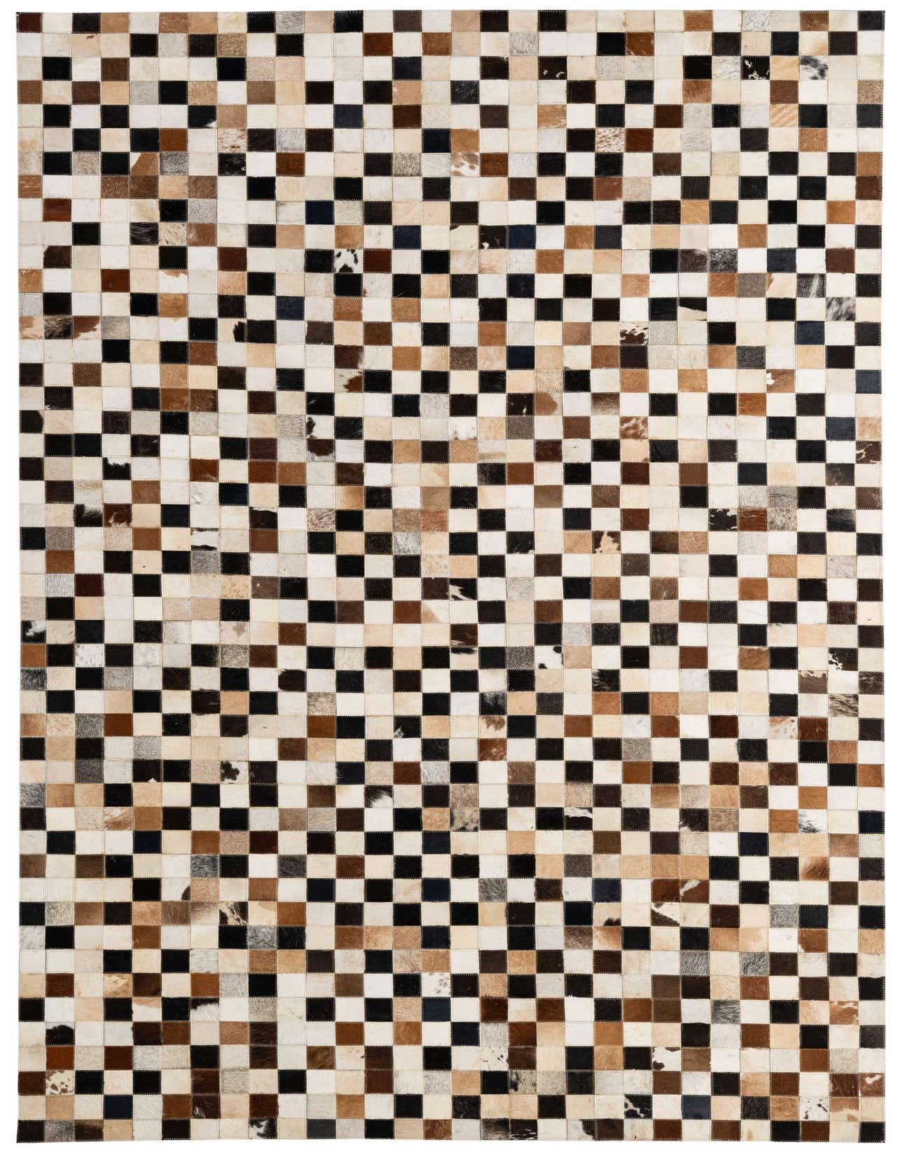 A 5x8 rectangular Cowhide Patchwork rug featuring a modern checkerboard pattern in varied shades of brown, black, and white.