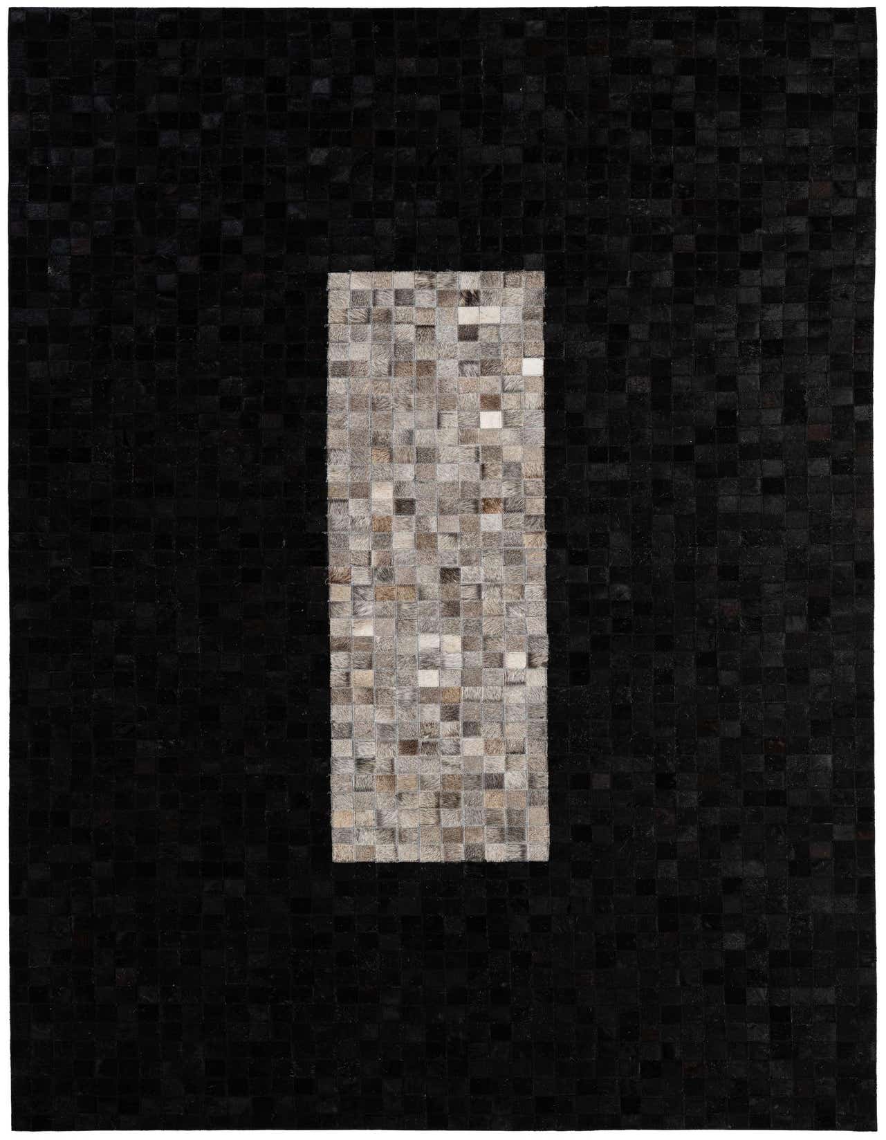 A 5x8 rectangular black patchwork cowhide rug with a central vertical stripe of multi-colored cowhide squares.